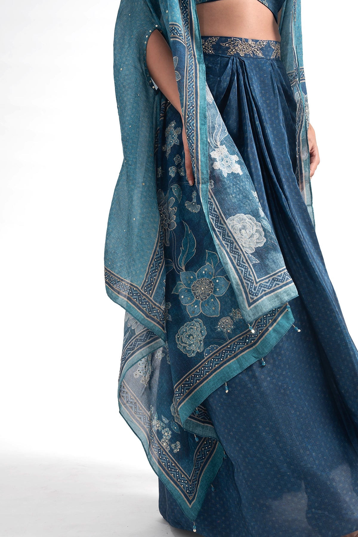 Teal Blue Digital Printed Floral Draped Skirt With Cape Set