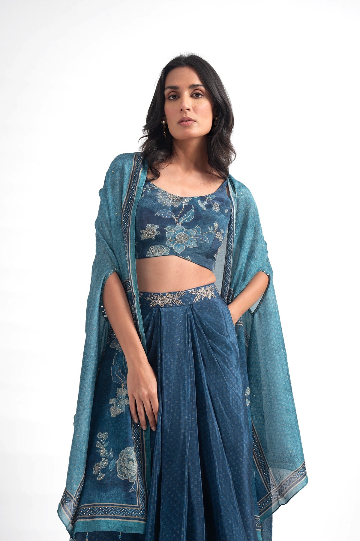 Teal Blue Digital Printed Floral Draped Skirt With Cape Set