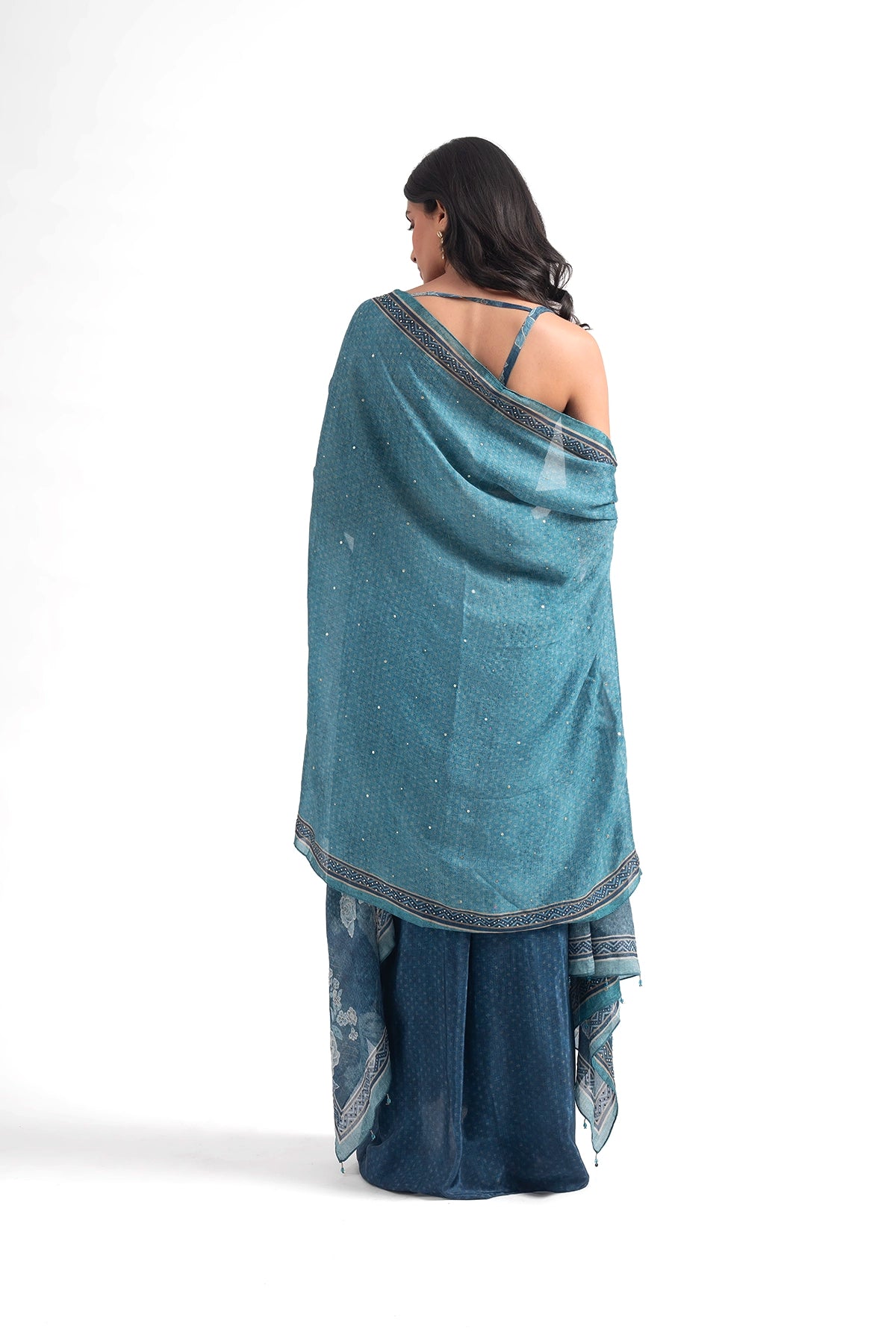 Teal Blue Digital Printed Floral Draped Skirt With Cape Set