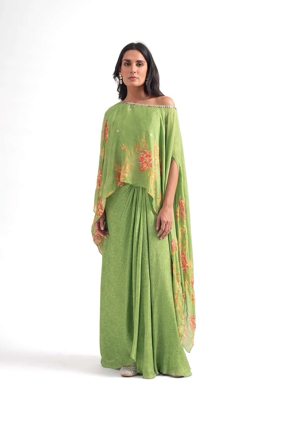 Lime Green Off-Shoulder Top And Draped Skirt Set