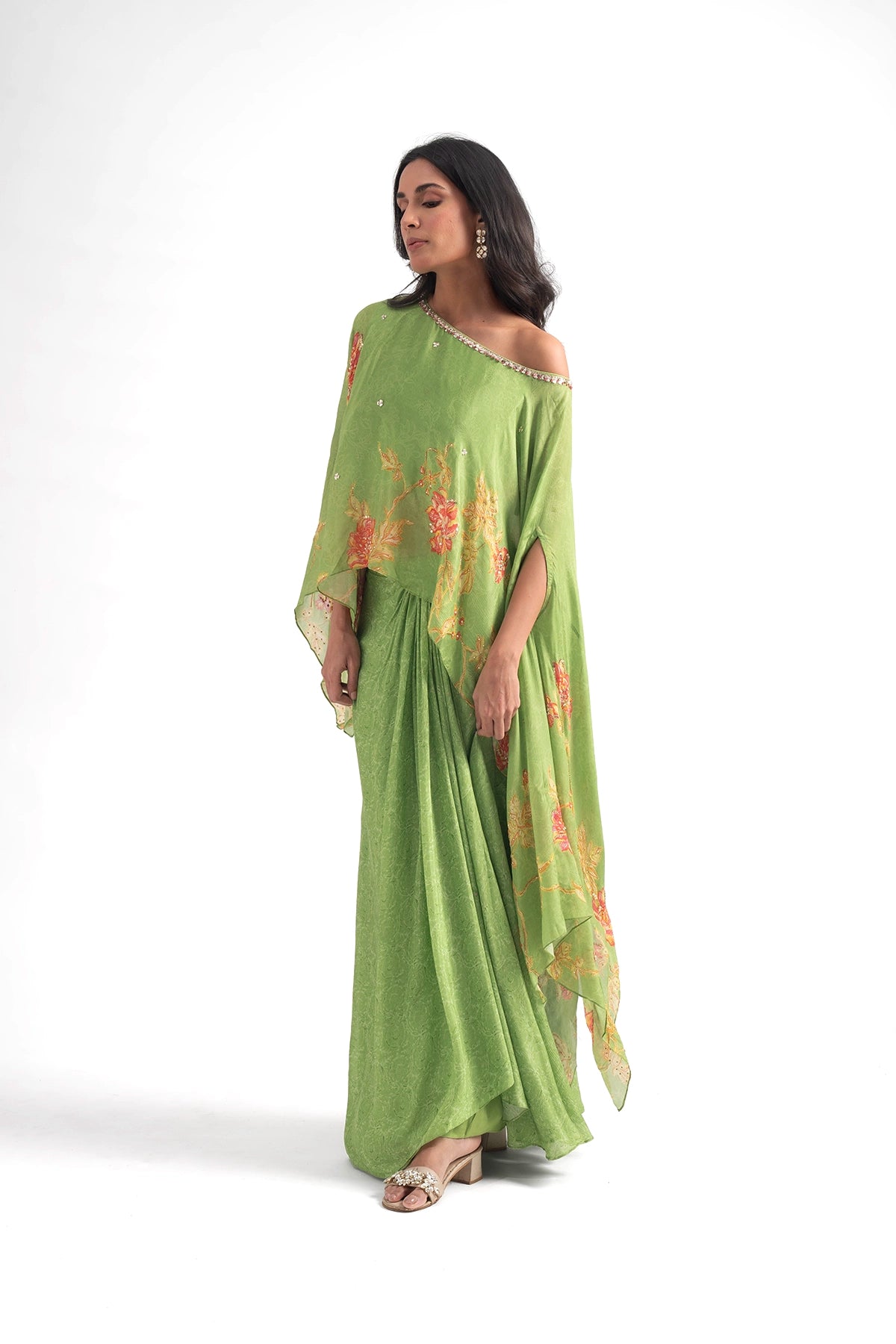 Lime Green Off-Shoulder Top And Draped Skirt Set
