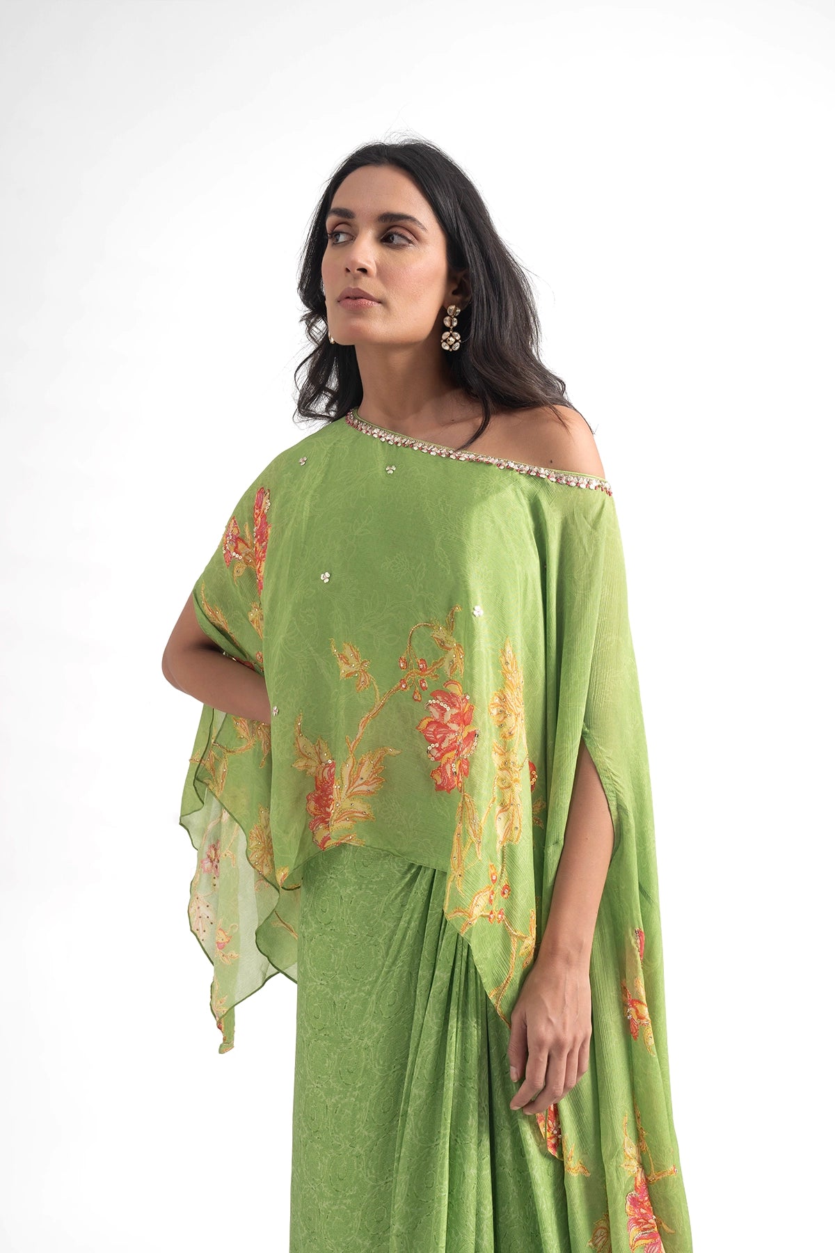 Lime Green Off-Shoulder Top And Draped Skirt Set