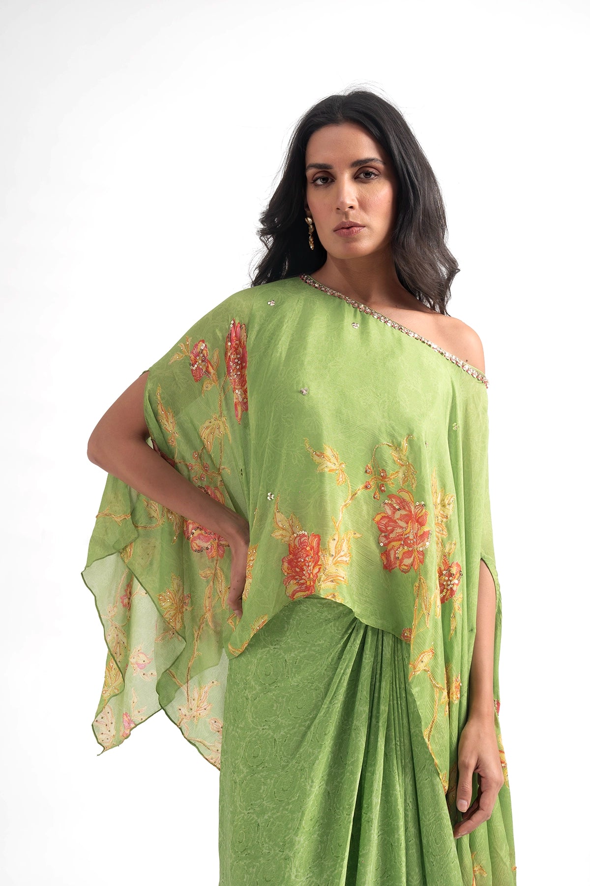 Lime Green Off-Shoulder Top And Draped Skirt Set