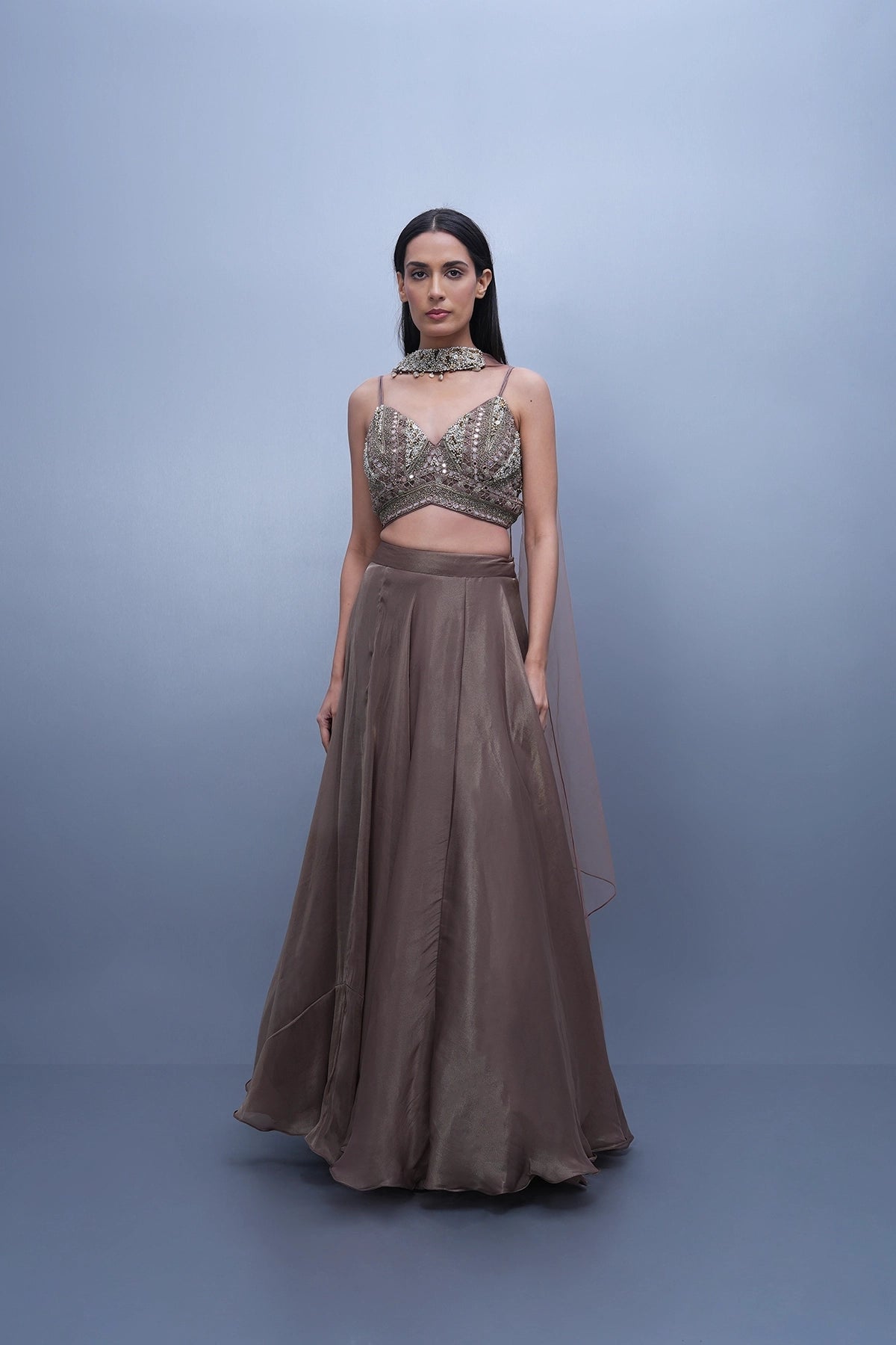Brownish mauve lehenga in tissue with spaghetti blouse and choker dupatta