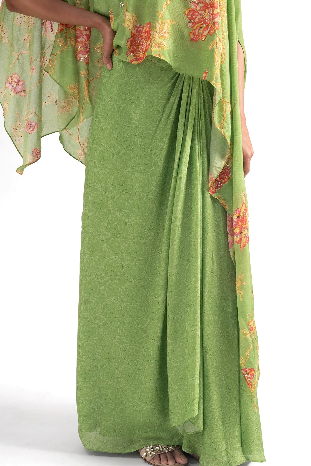 Lime Green Off-Shoulder Top And Draped Skirt Set