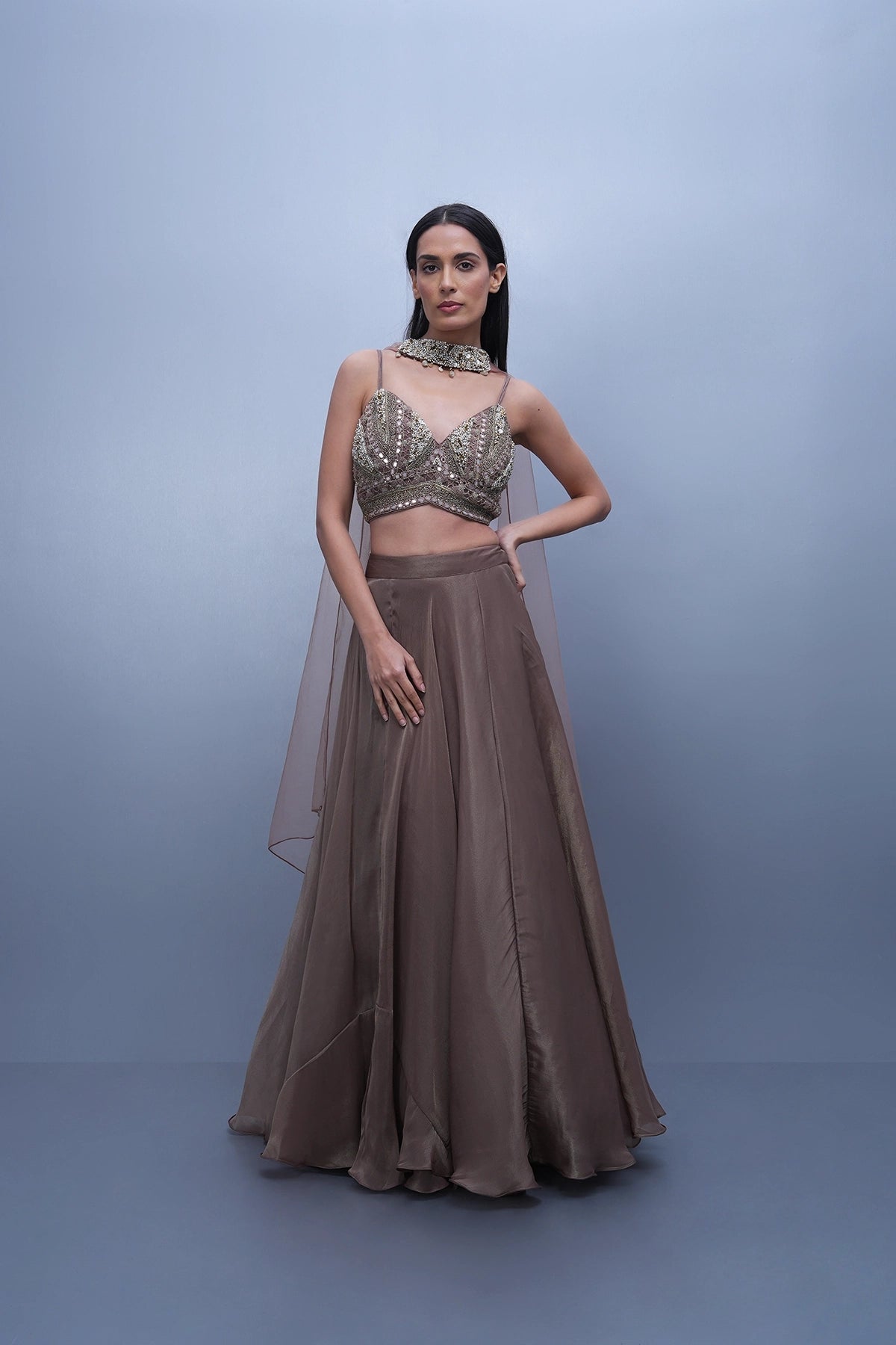 Brownish mauve lehenga in tissue with spaghetti blouse and choker dupatta