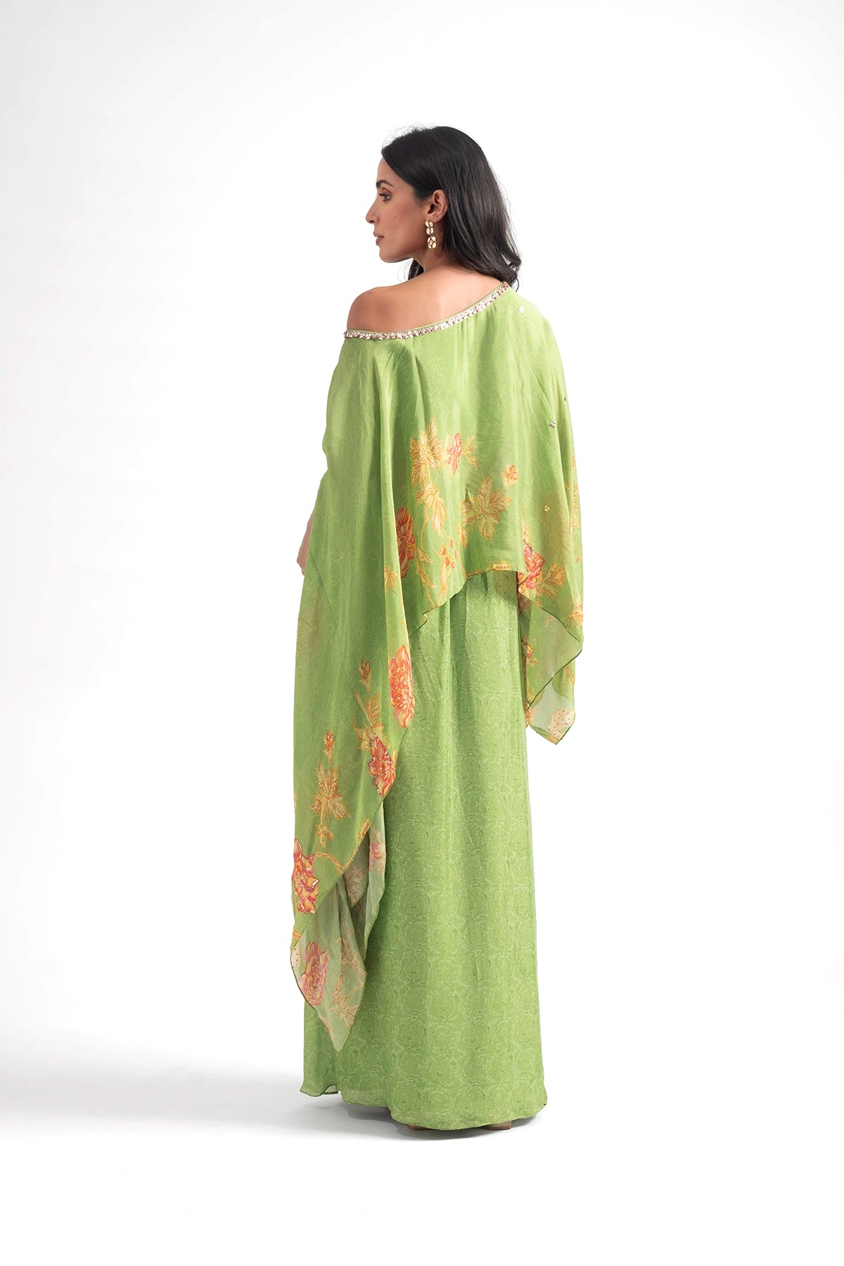 Lime Green Off-Shoulder Top And Draped Skirt Set