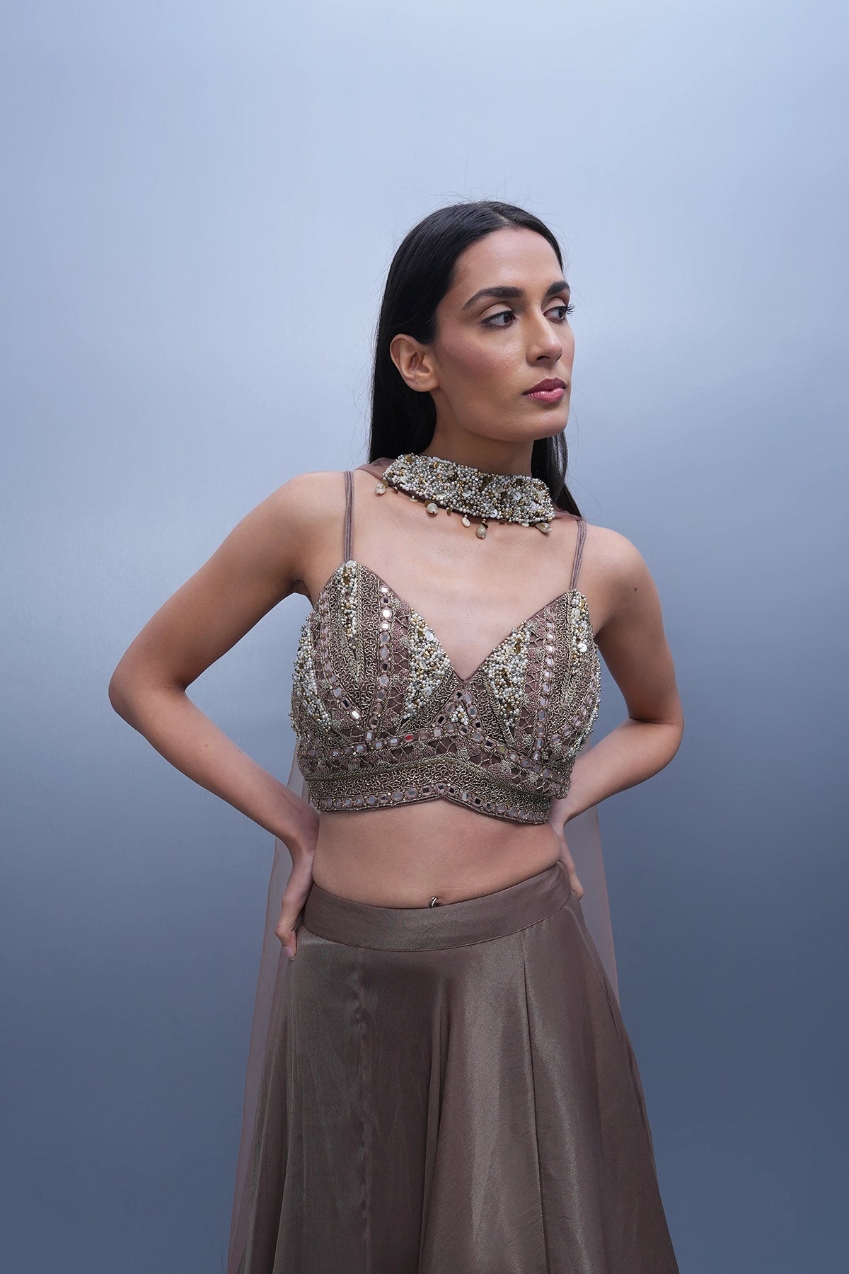 Brownish mauve lehenga in tissue with spaghetti blouse and choker dupatta