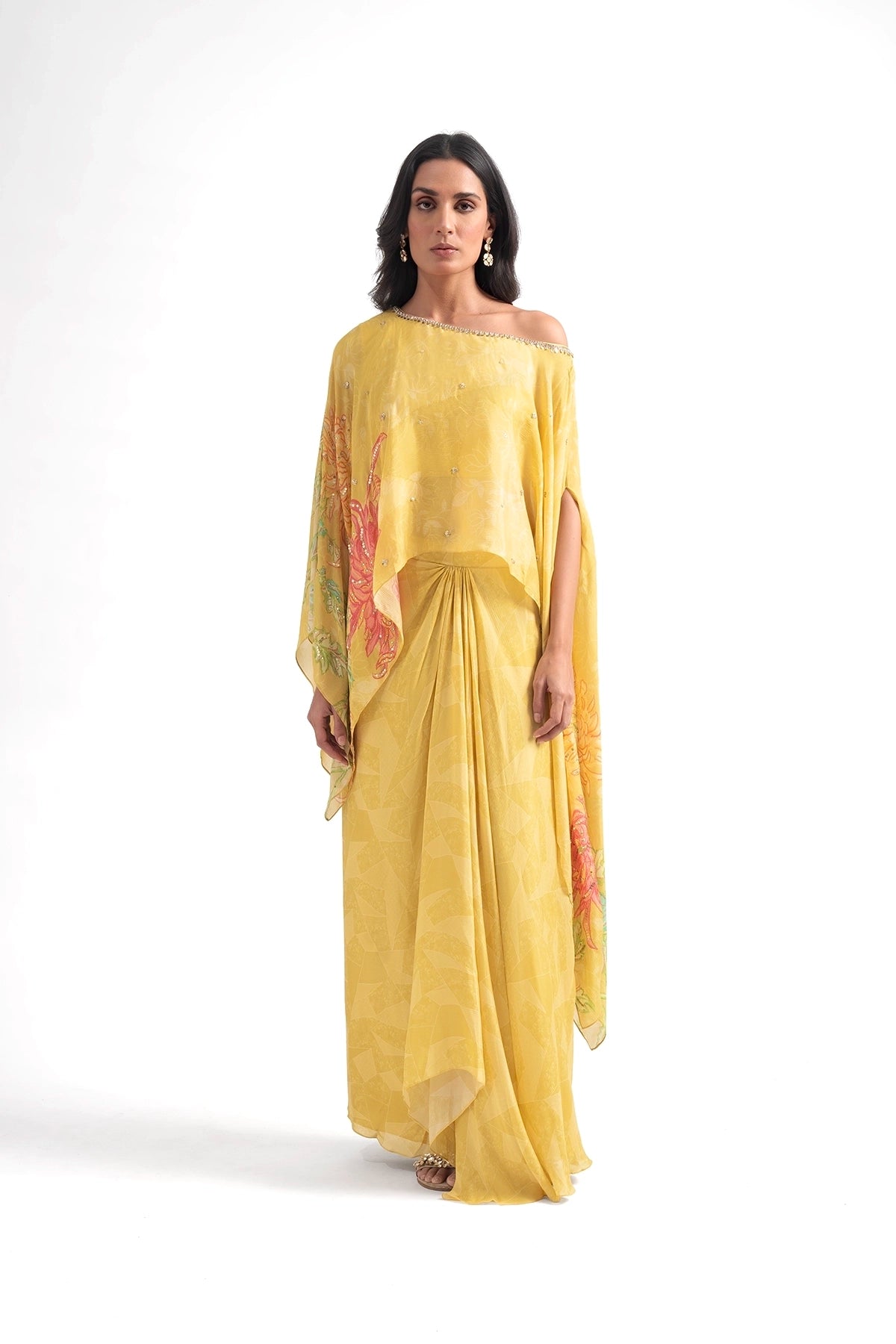 Yellow Off-Shoulder Top And Draped Skirt Set