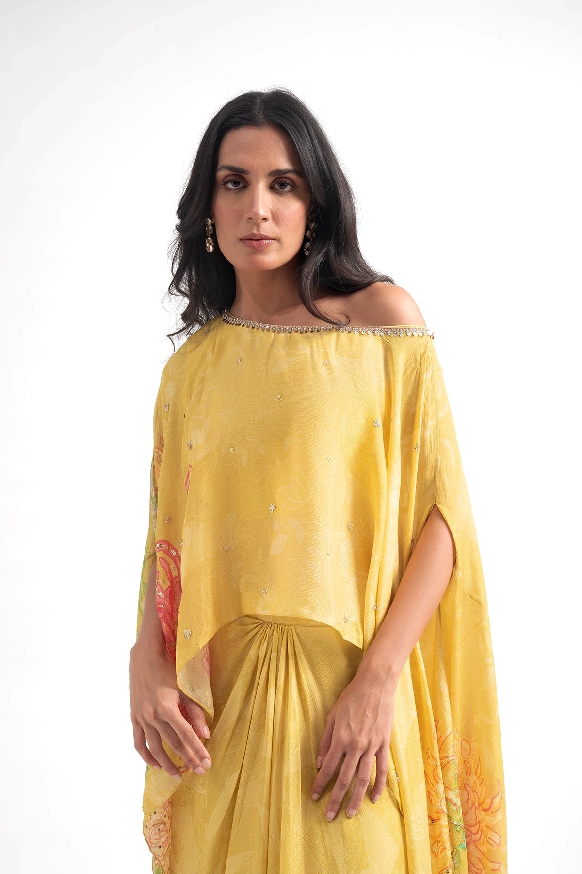 Yellow Off-Shoulder Top And Draped Skirt Set