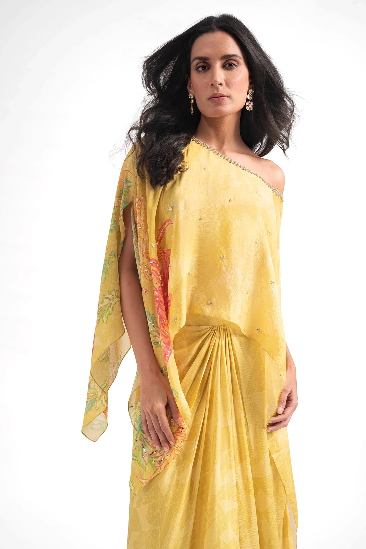 Yellow Off-Shoulder Top And Draped Skirt Set