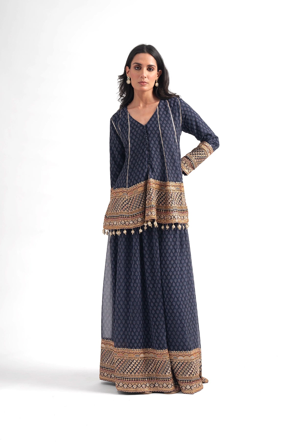 Dark Blue Printed Traditional Top And Palazzo Set