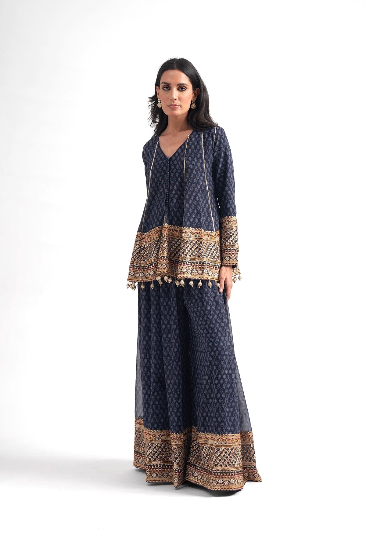 Dark Blue Printed Traditional Top And Palazzo Set
