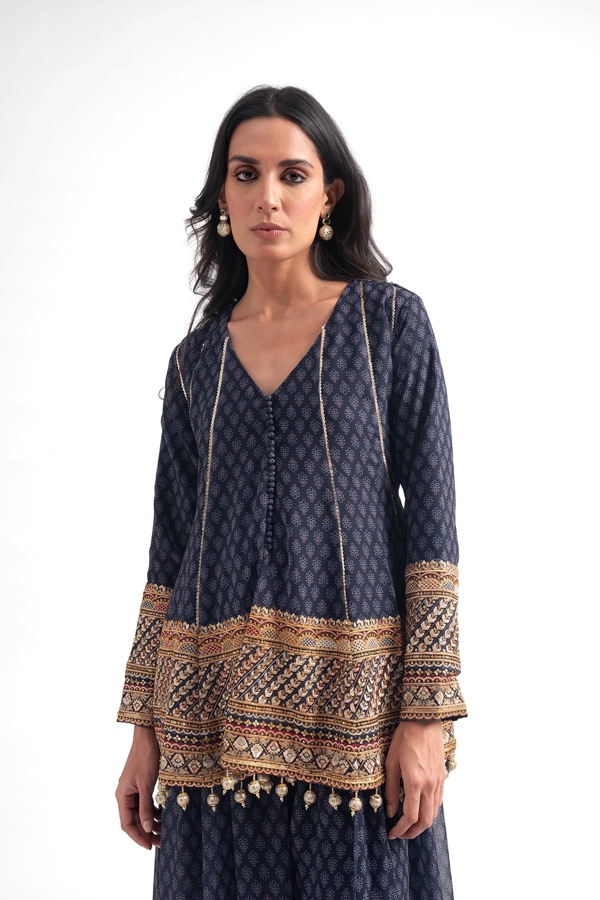 Dark Blue Printed Traditional Top And Palazzo Set