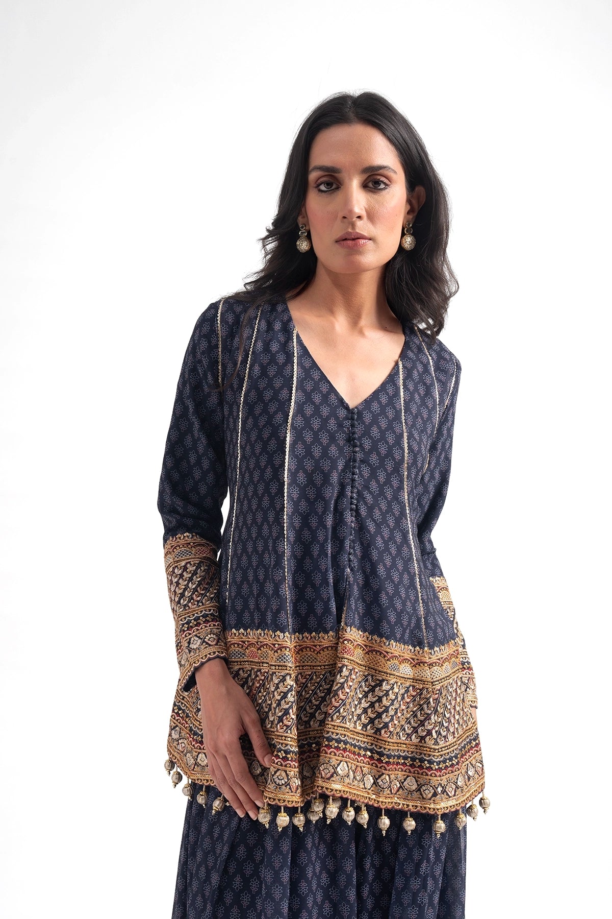 Dark Blue Printed Traditional Top And Palazzo Set