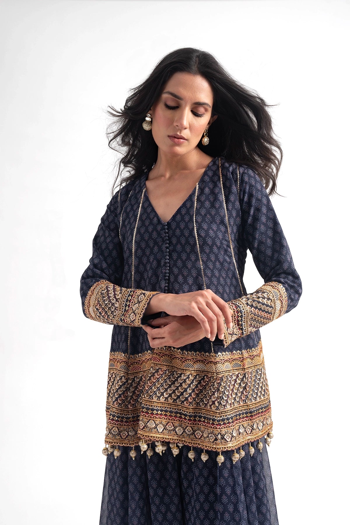 Dark Blue Printed Traditional Top And Palazzo Set