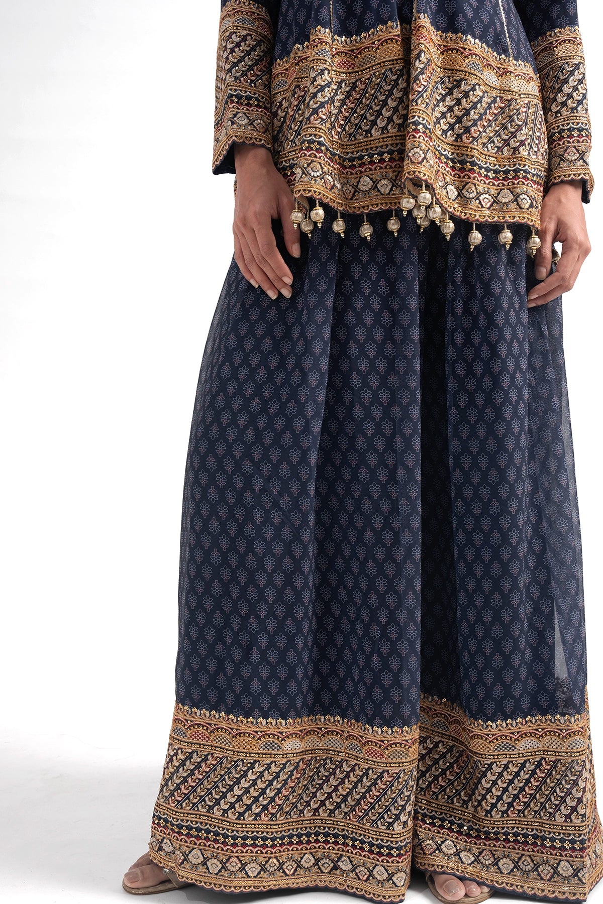Dark Blue Printed Traditional Top And Palazzo Set