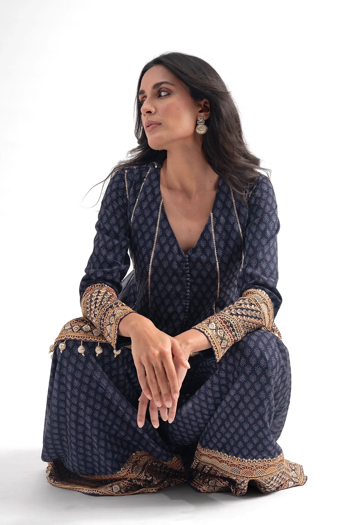 Dark Blue Printed Traditional Top And Palazzo Set