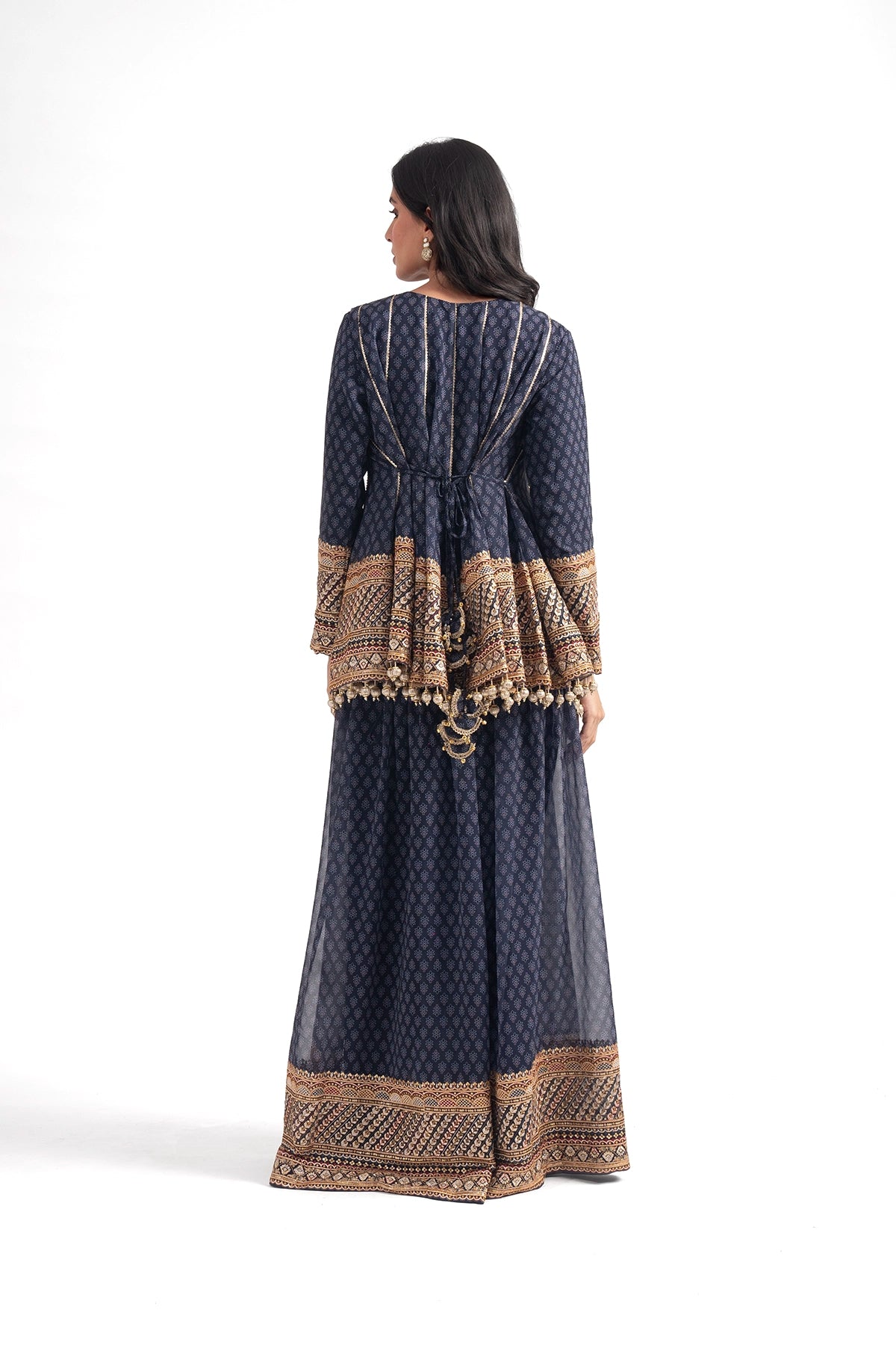 Dark Blue Printed Traditional Top And Palazzo Set
