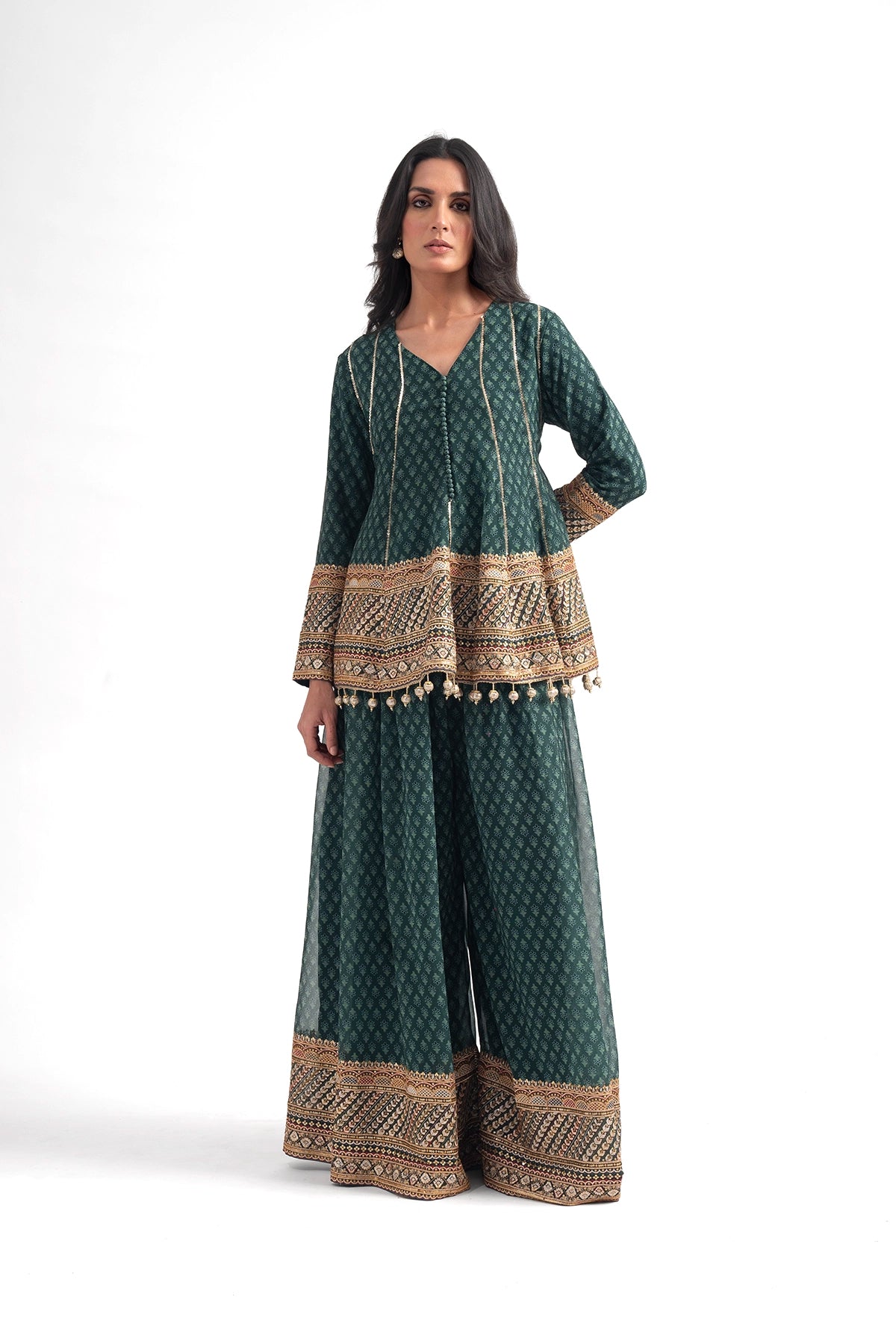 Teal Green Printed Traditional Top And Palazzo Set