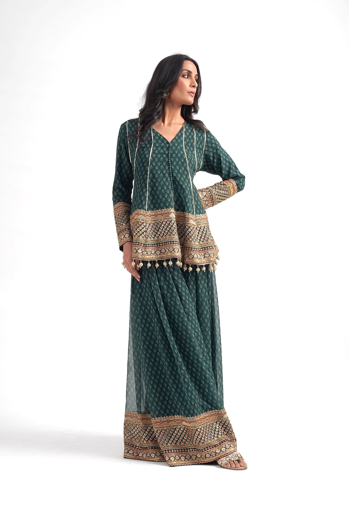 Teal Green Printed Traditional Top And Palazzo Set