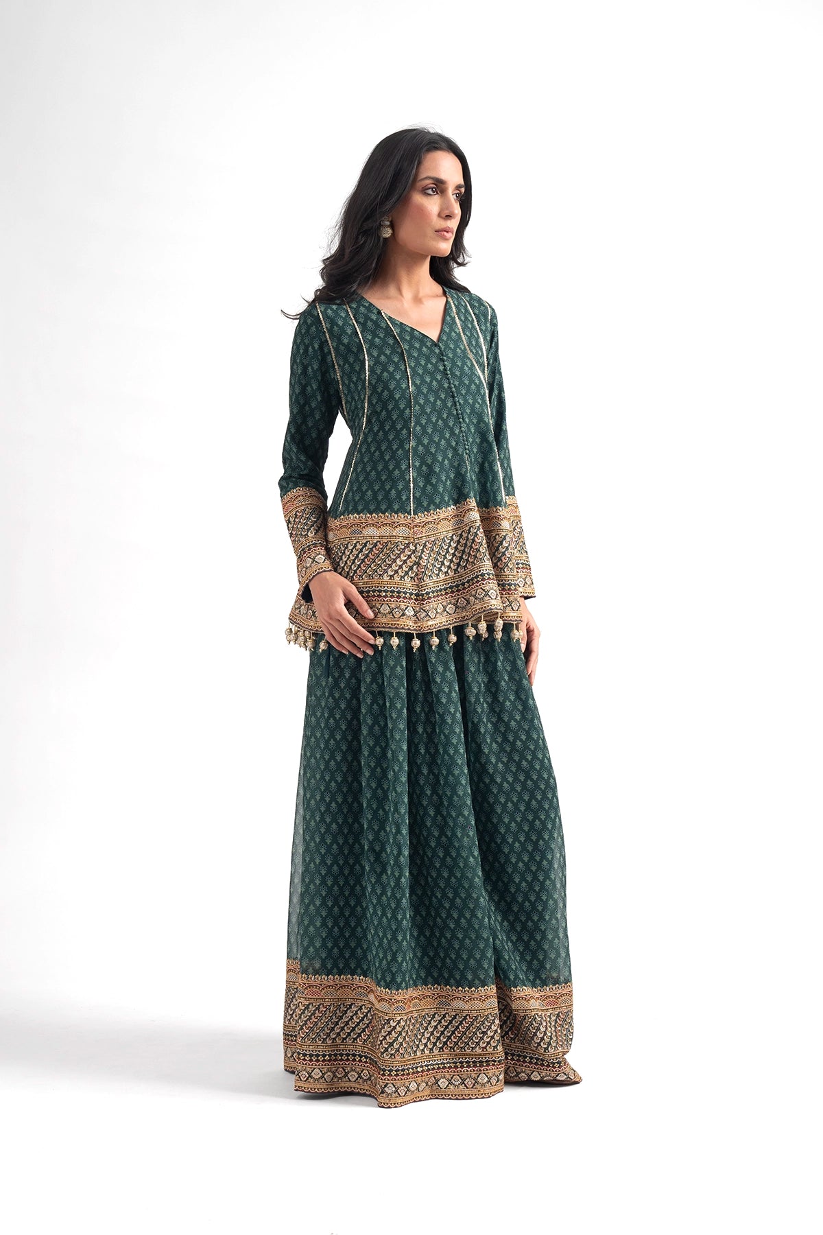 Teal Green Printed Traditional Top And Palazzo Set