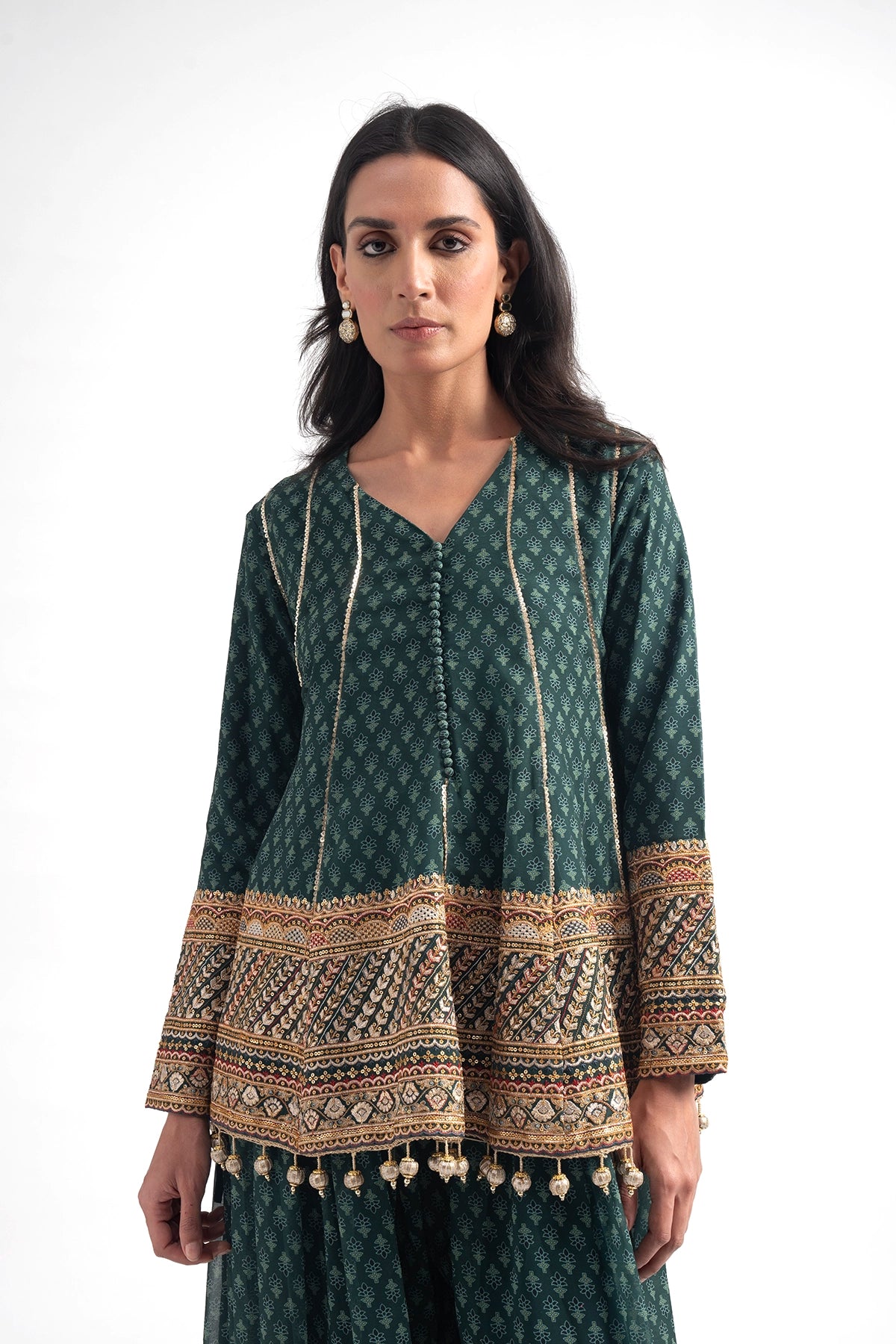 Teal Green Printed Traditional Top And Palazzo Set