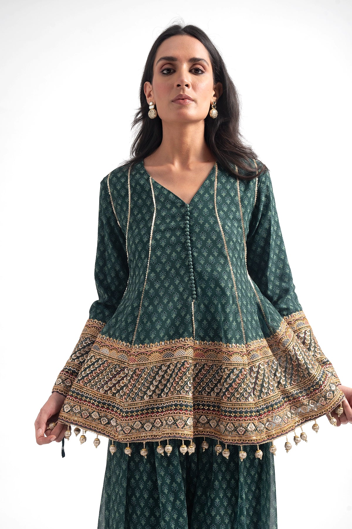 Teal Green Printed Traditional Top And Palazzo Set