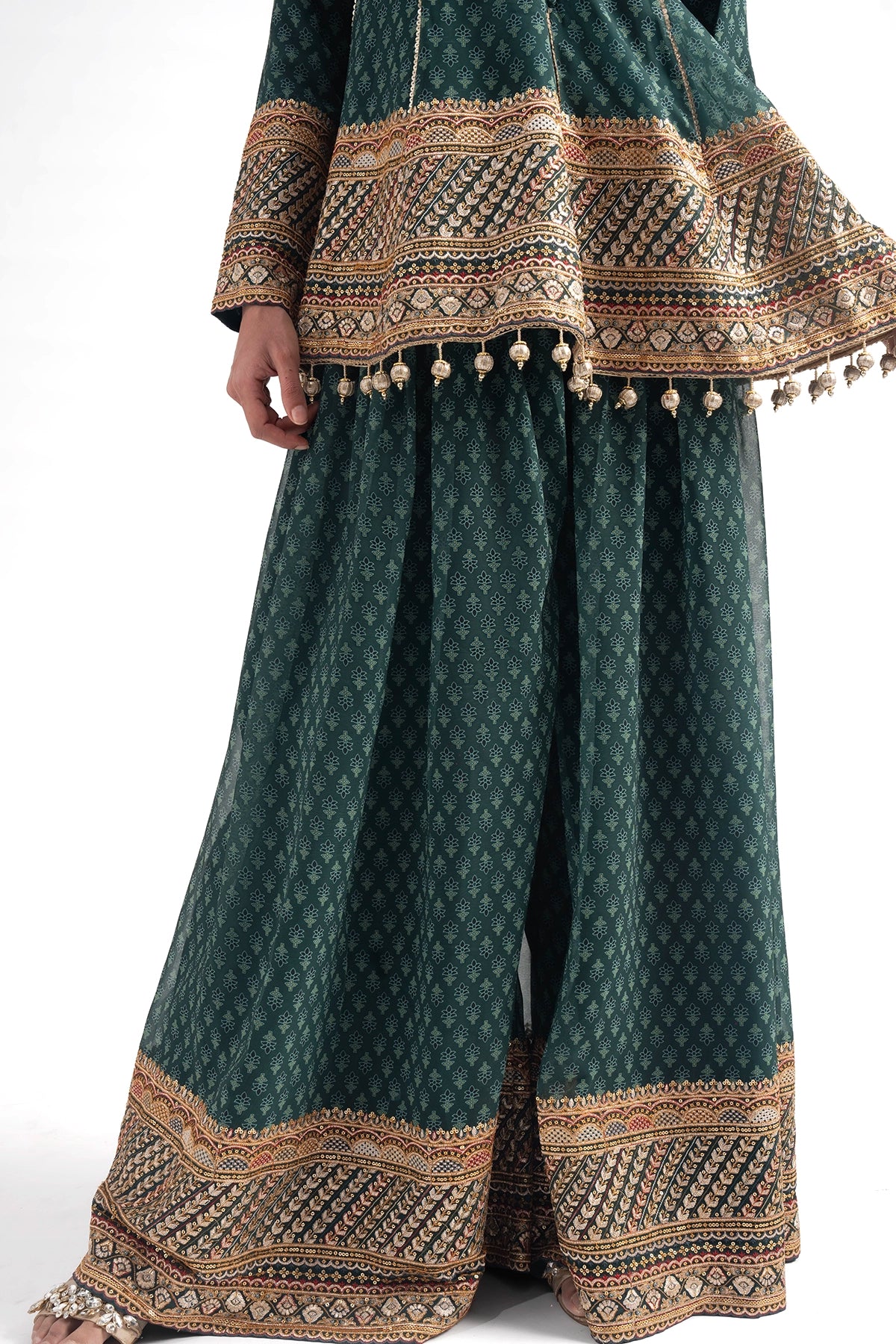 Teal Green Printed Traditional Top And Palazzo Set