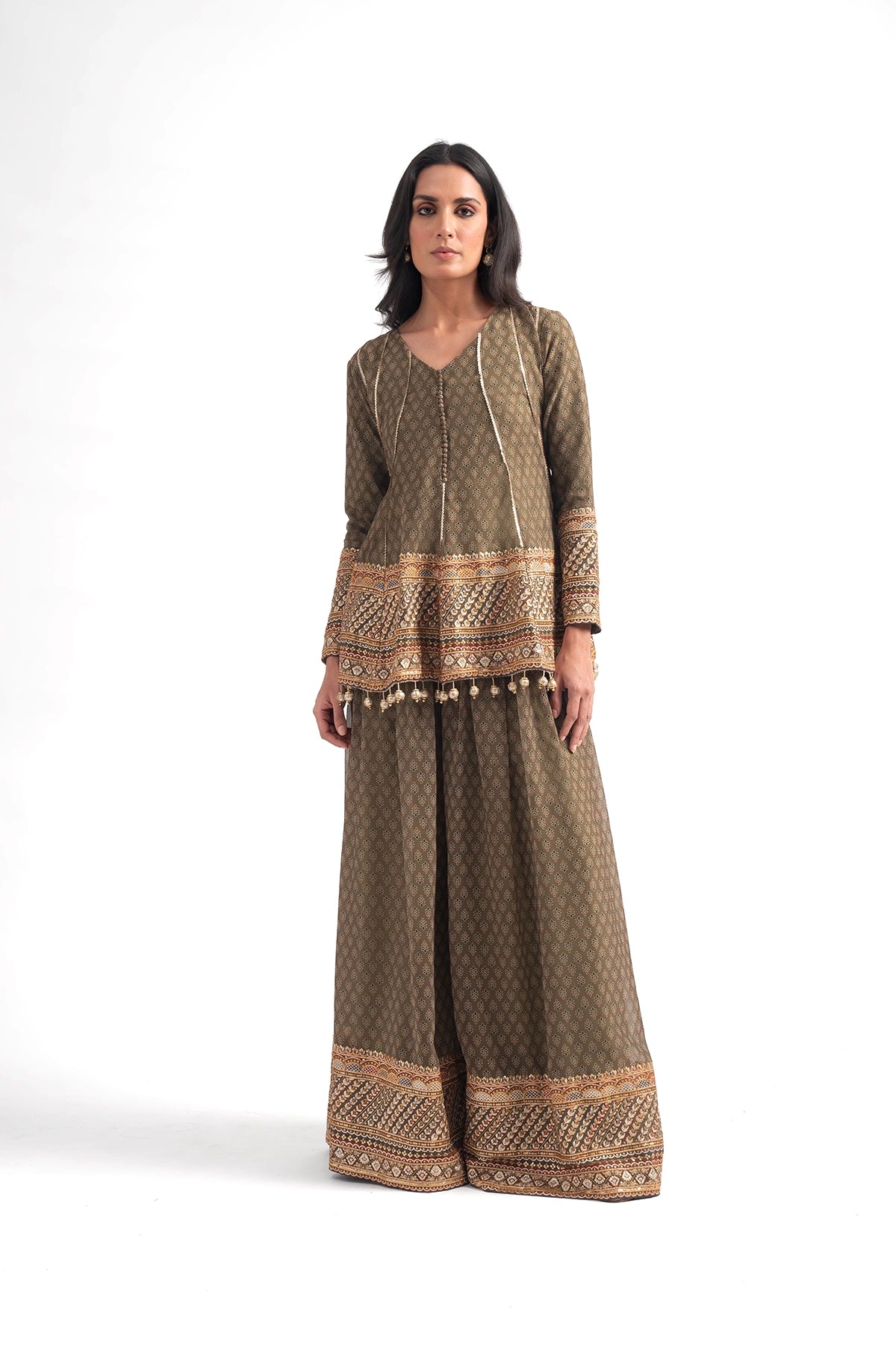 Olive Green Printed Traditional Top And Palazzo Set
