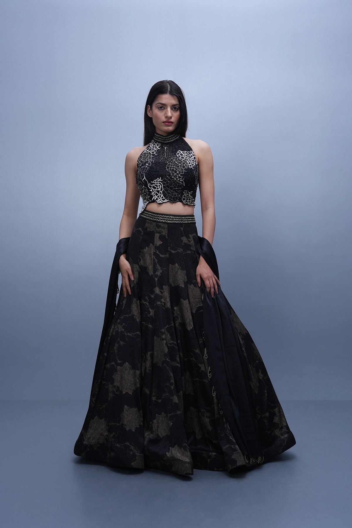 Black and gold imported printed fabric lehenga set with embroidered blouse