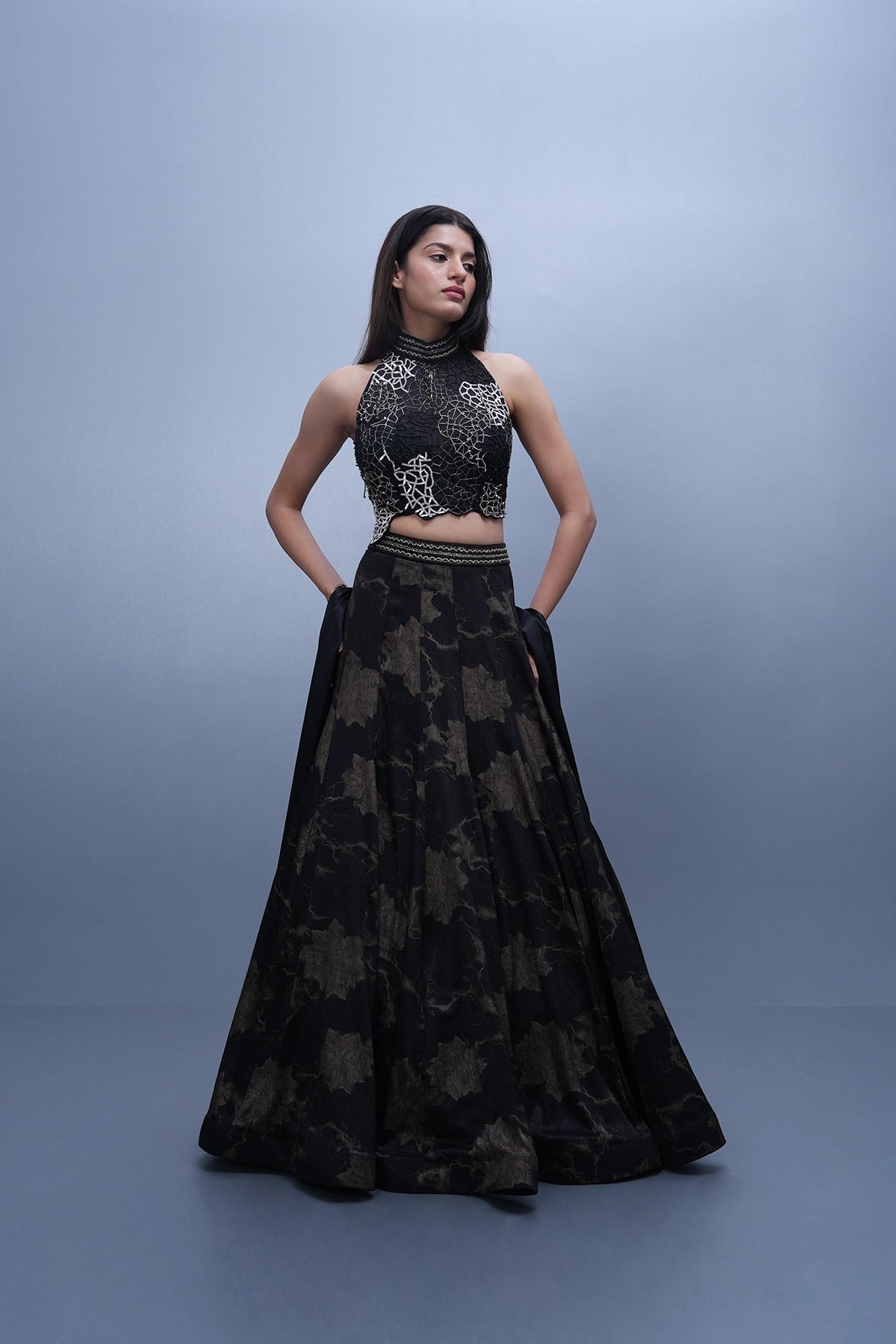 Black and gold imported printed fabric lehenga set with embroidered blouse