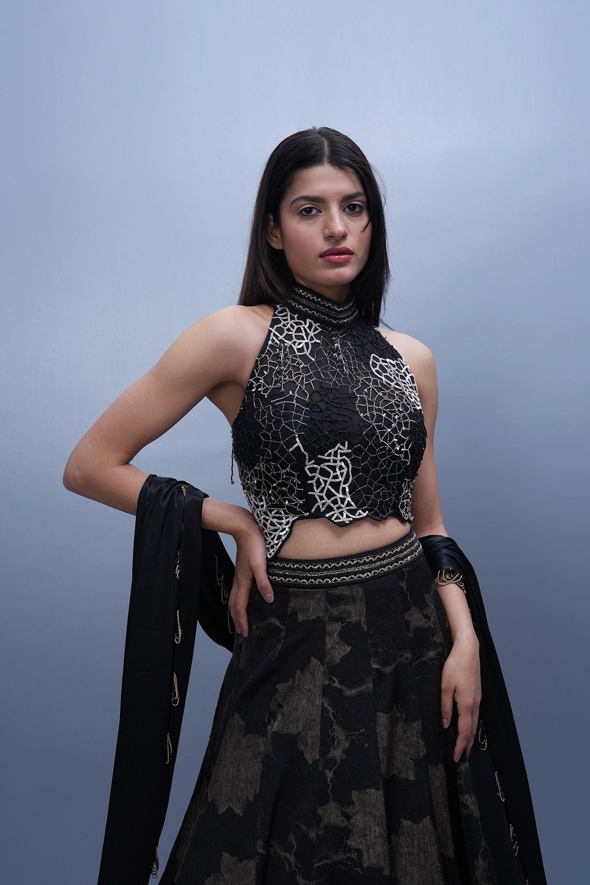 Black and gold imported printed fabric lehenga set with embroidered blouse