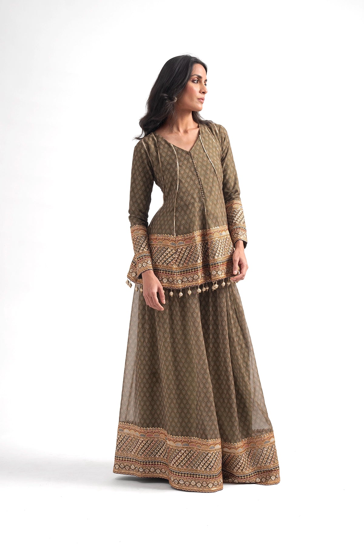 Olive Green Printed Traditional Top And Palazzo Set