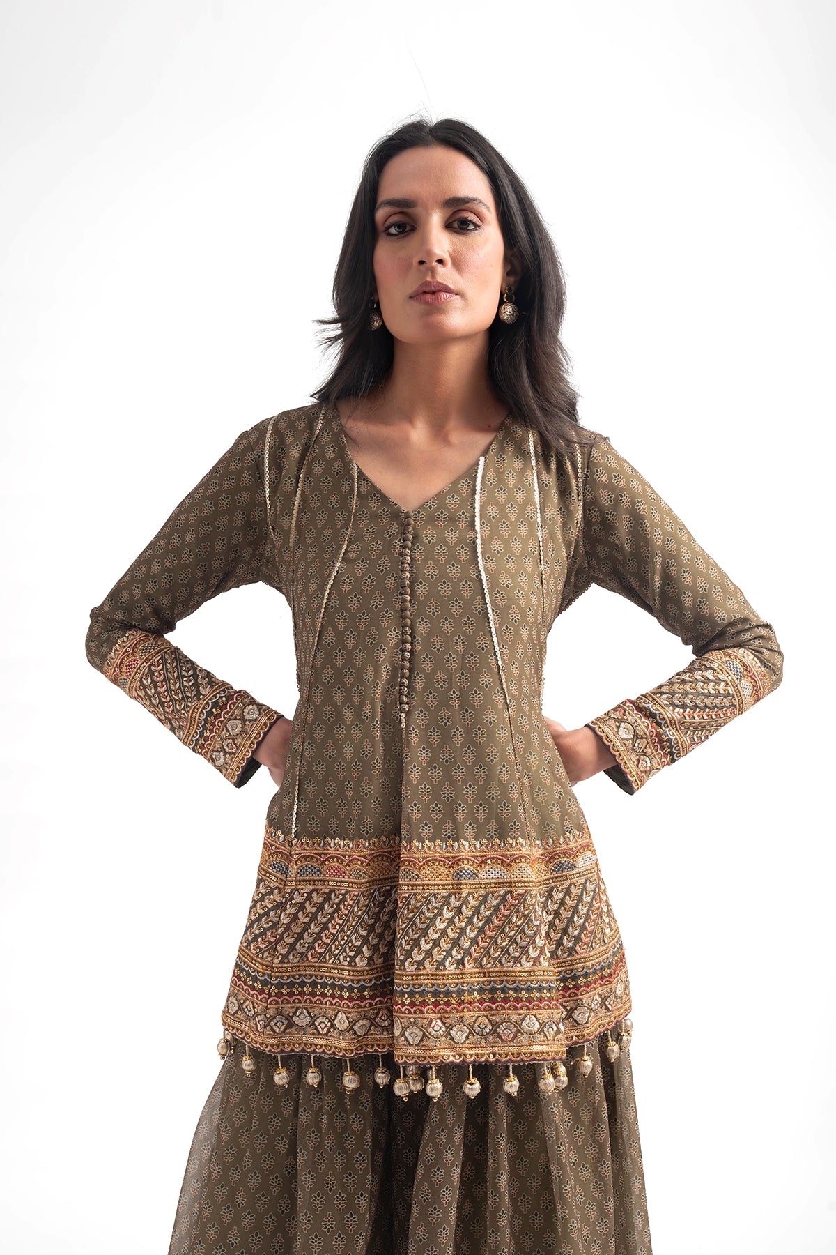 Olive Green Printed Traditional Top And Palazzo Set