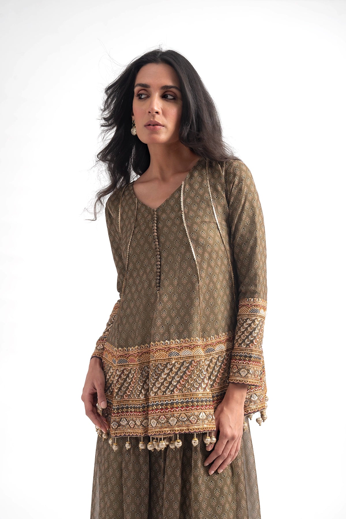 Olive Green Printed Traditional Top And Palazzo Set