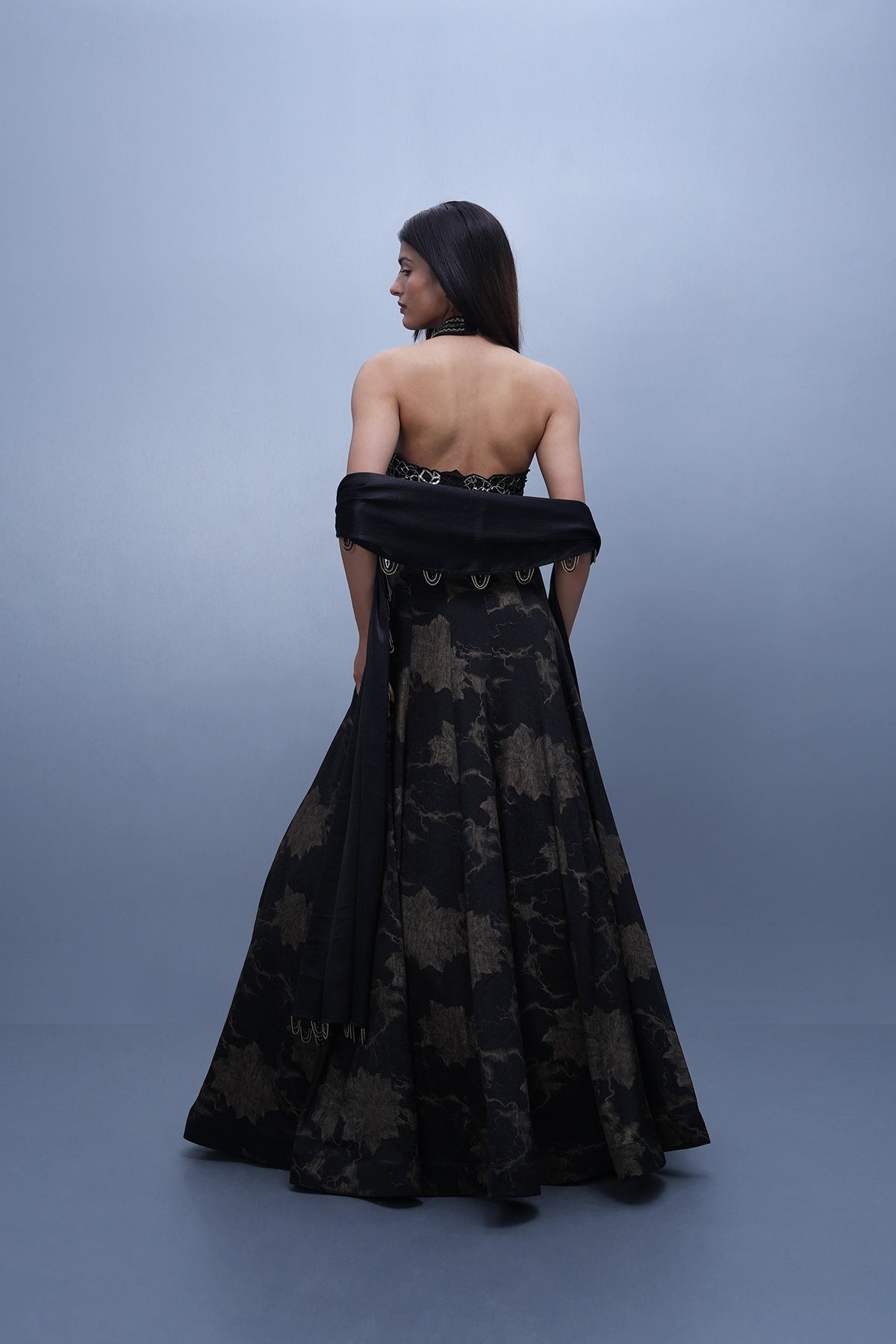 Black and gold imported printed fabric lehenga set with embroidered blouse