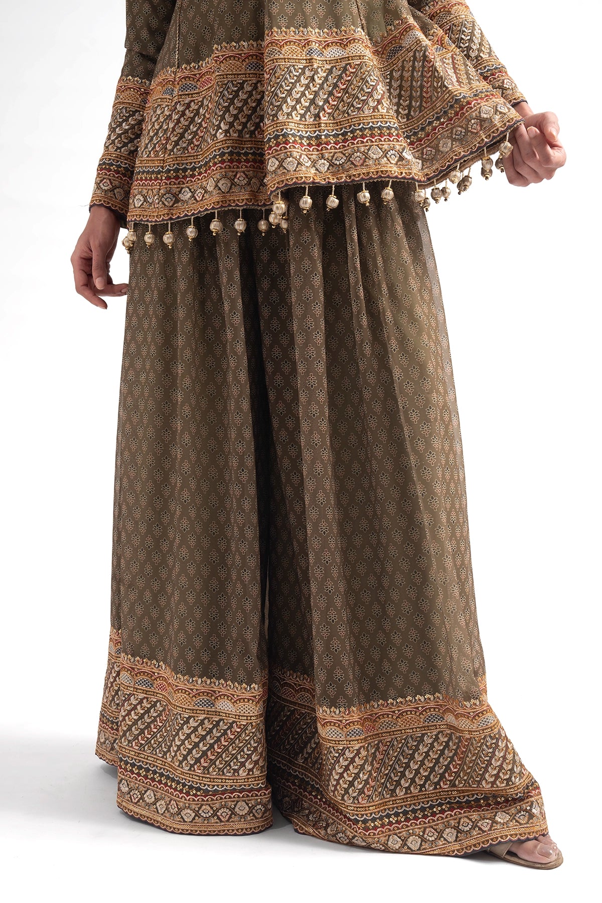 Olive Green Printed Traditional Top And Palazzo Set