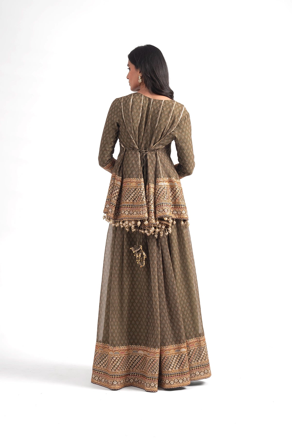 Olive Green Printed Traditional Top And Palazzo Set