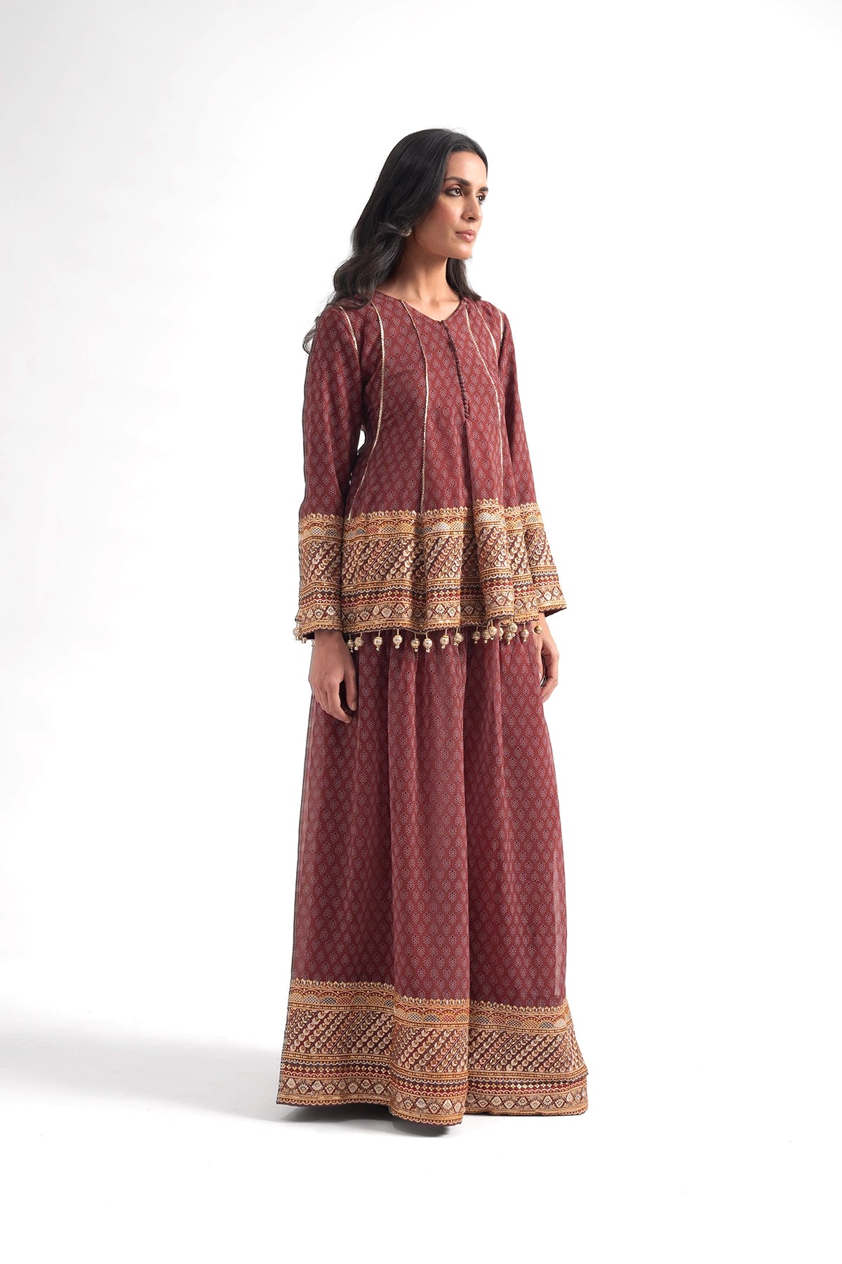 Crimson Printed Traditional Top And Palazzo Set