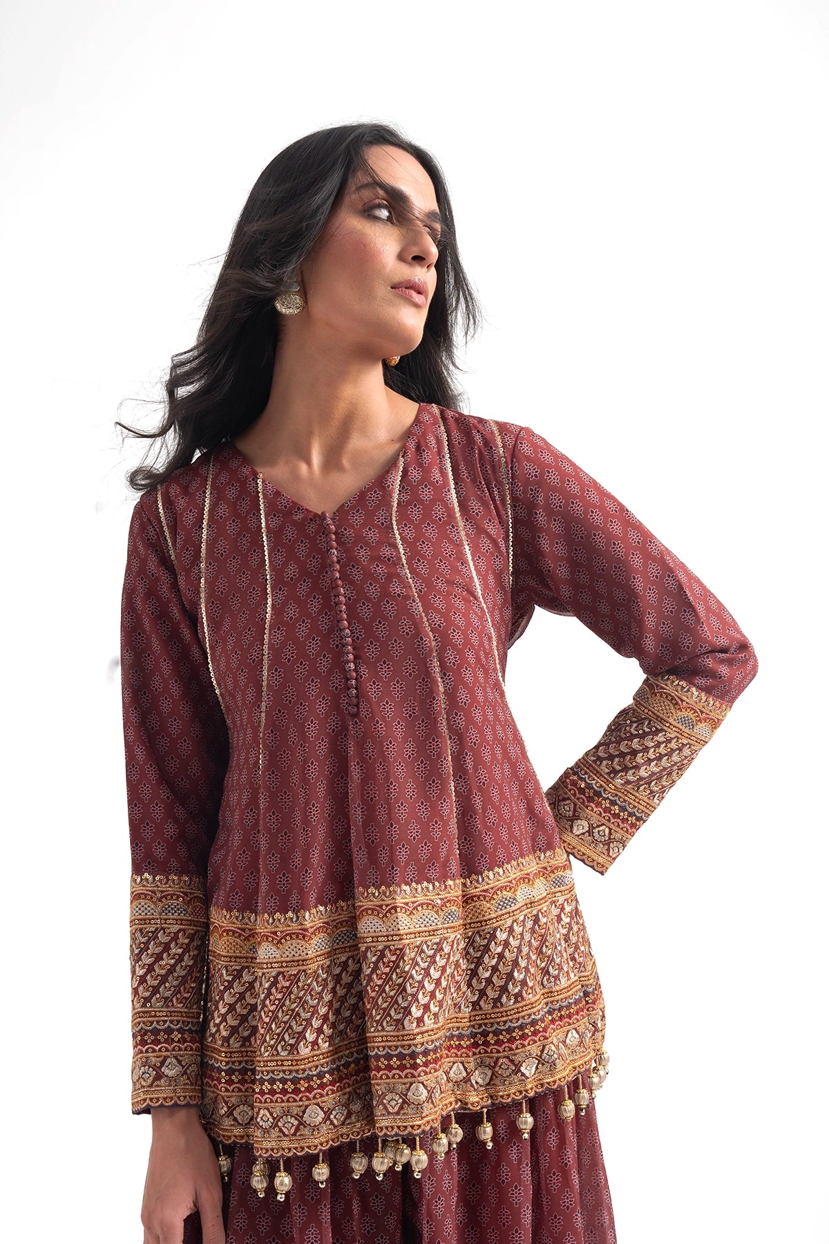 Crimson Printed Traditional Top And Palazzo Set
