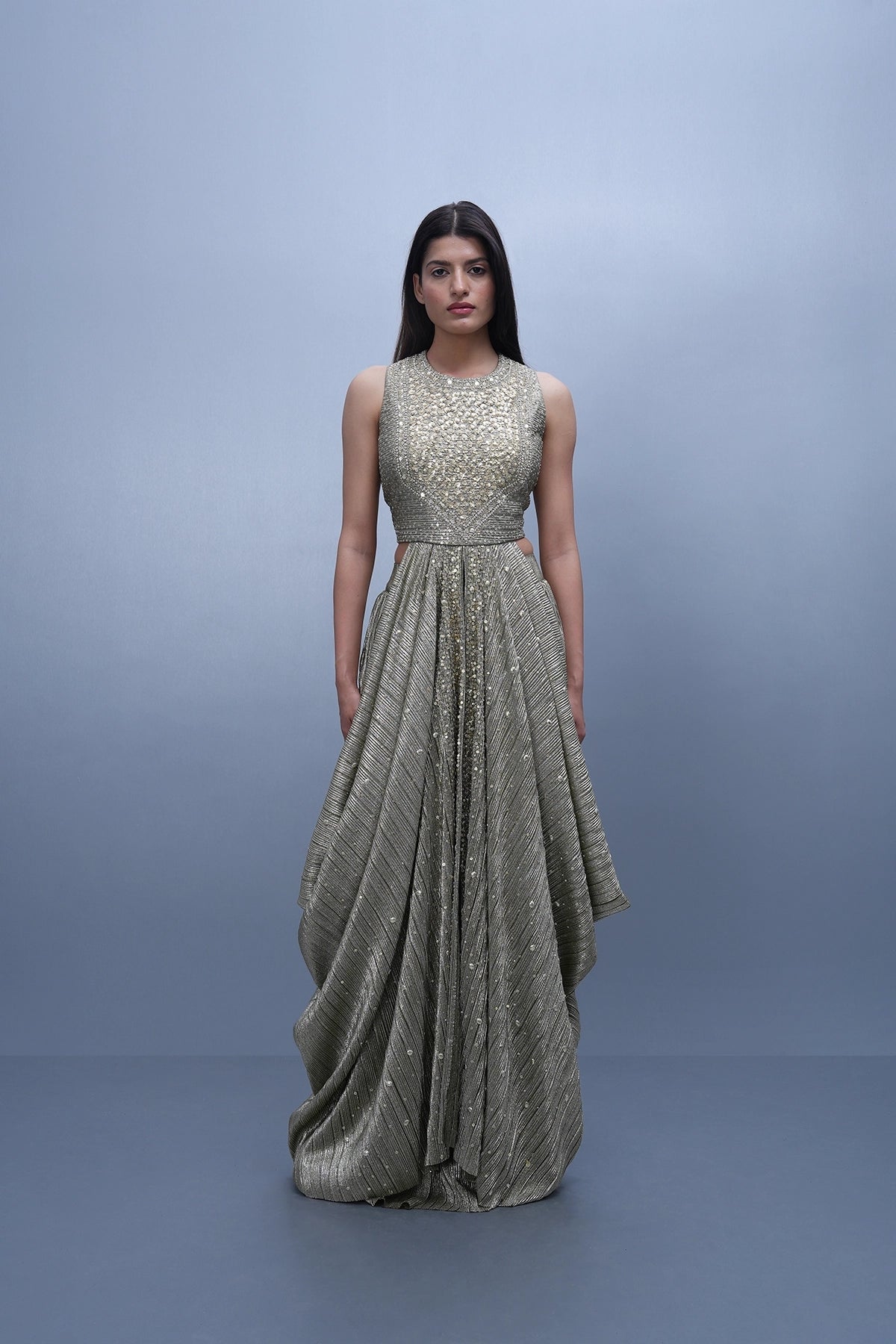 Gold and green cowl look top and skirt set