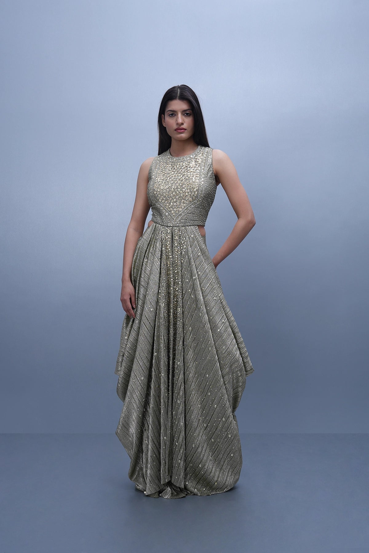 Gold and green cowl look top and skirt set