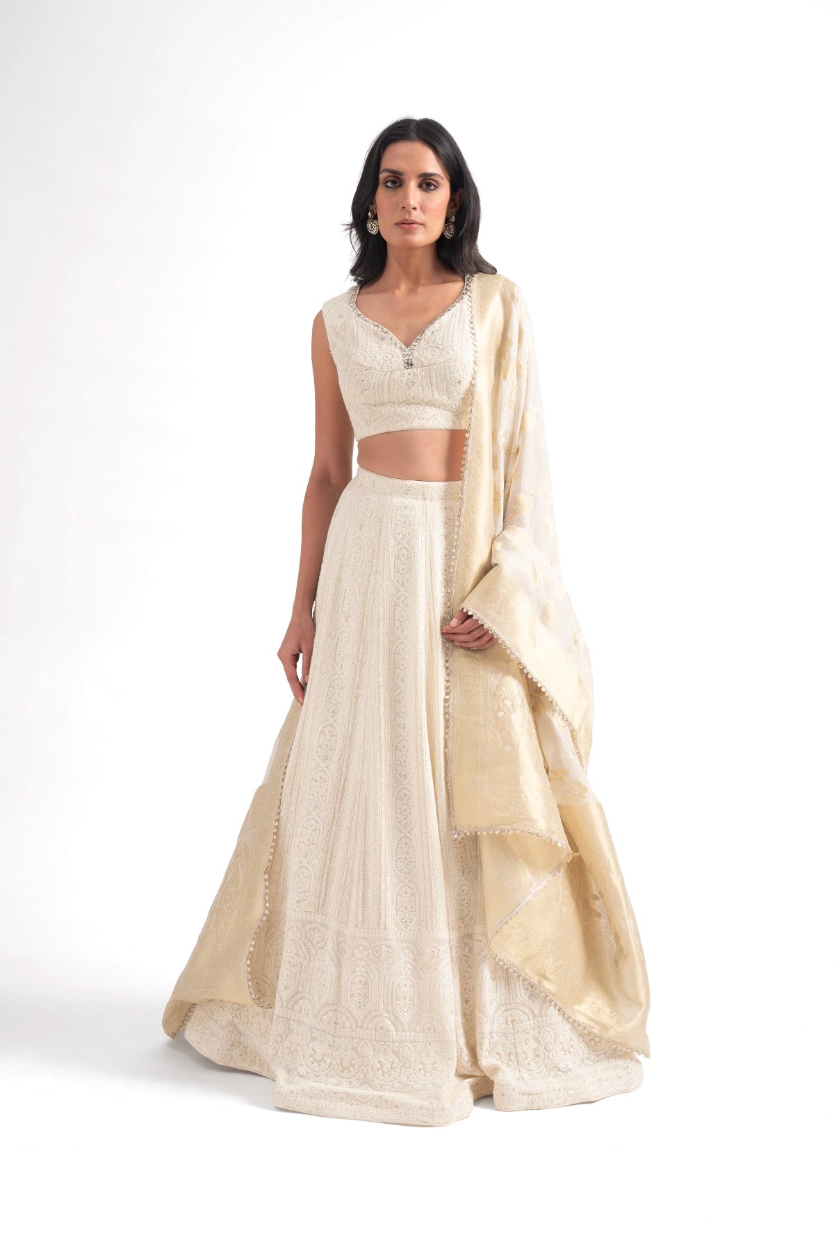Ivory Luknowi Lehenga Set With A Tissue Banarasi Dupatta