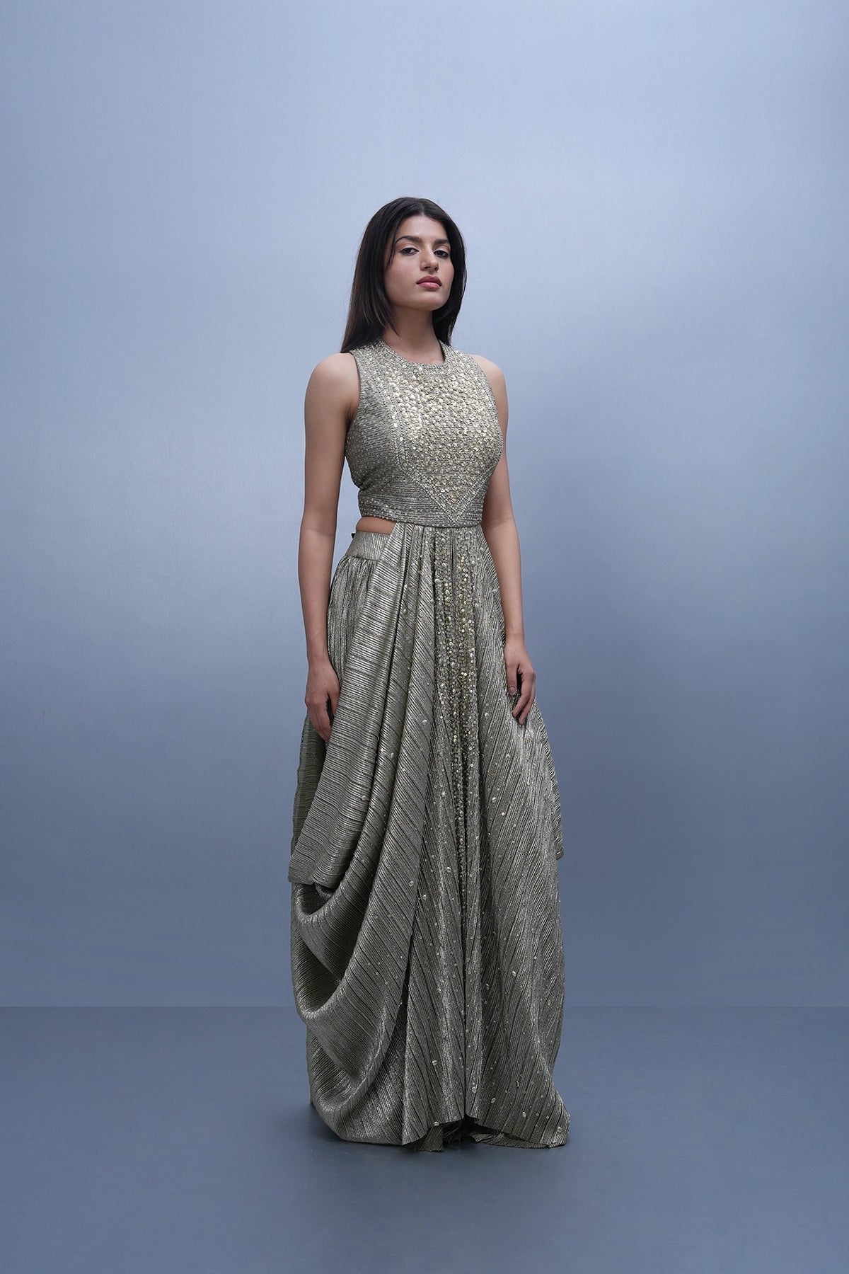 Gold and green cowl look top and skirt set