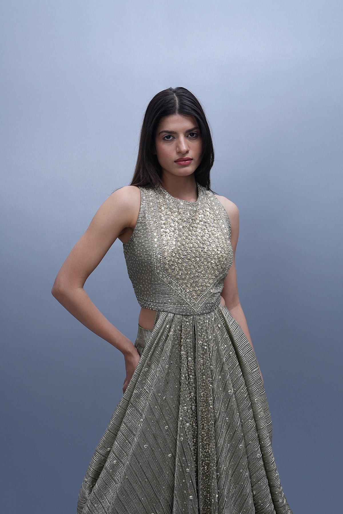 Gold and green cowl look top and skirt set