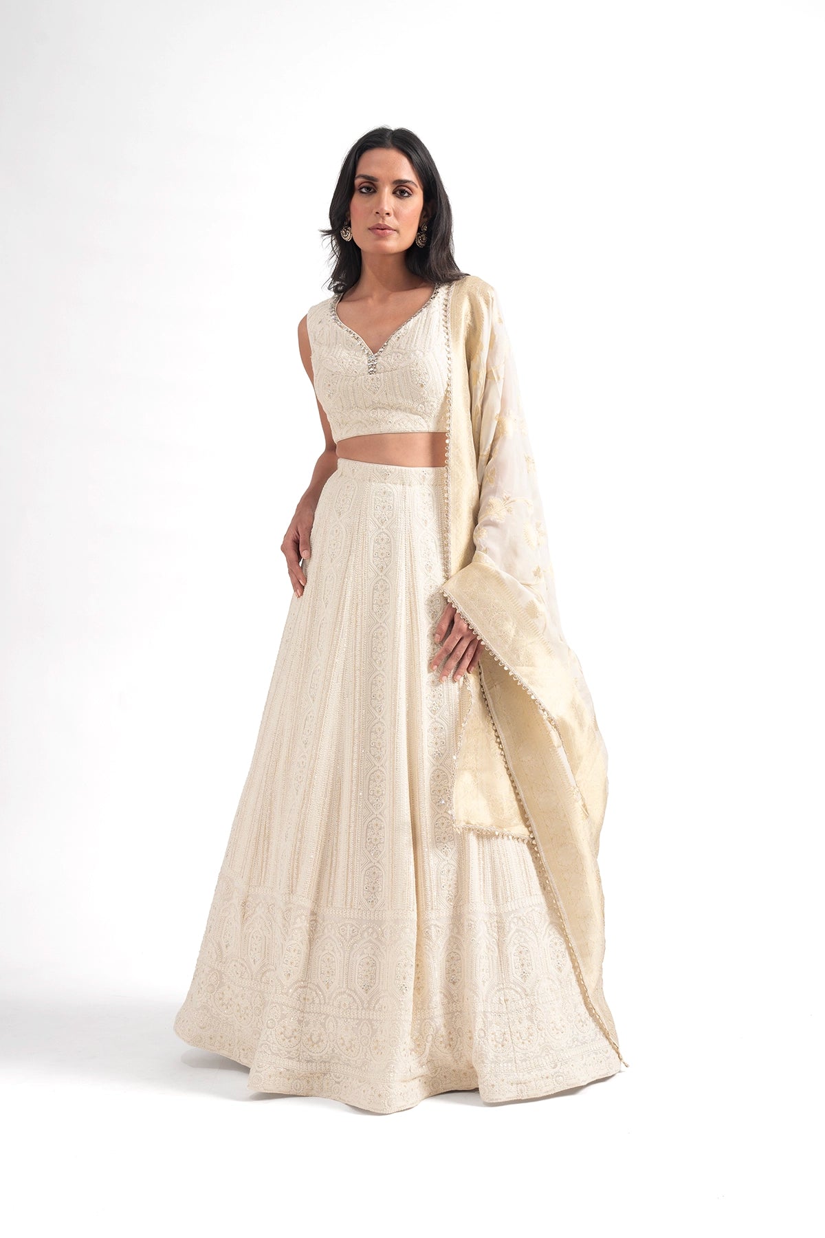 Ivory Luknowi Lehenga Set With A Tissue Banarasi Dupatta