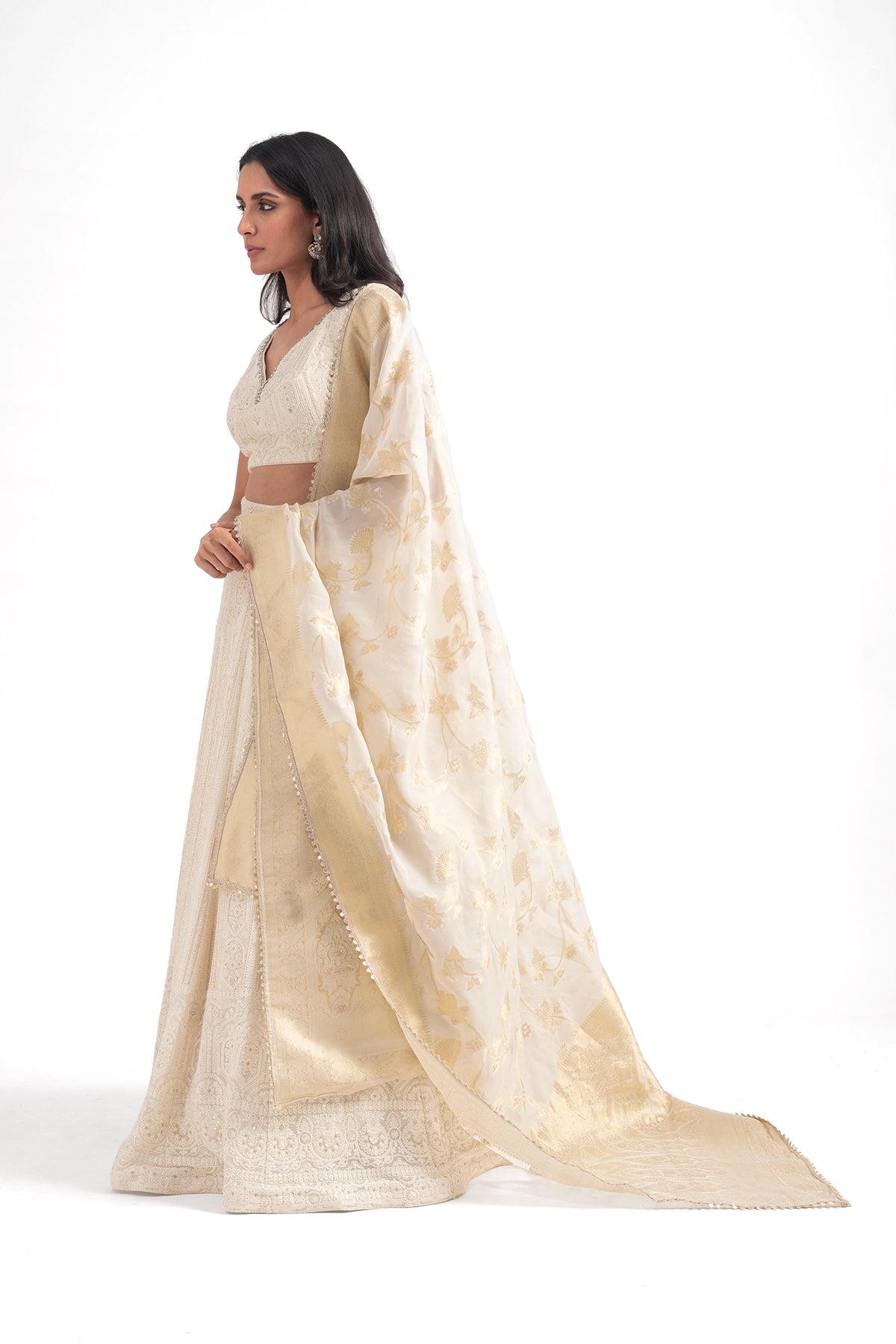Ivory Luknowi Lehenga Set With A Tissue Banarasi Dupatta