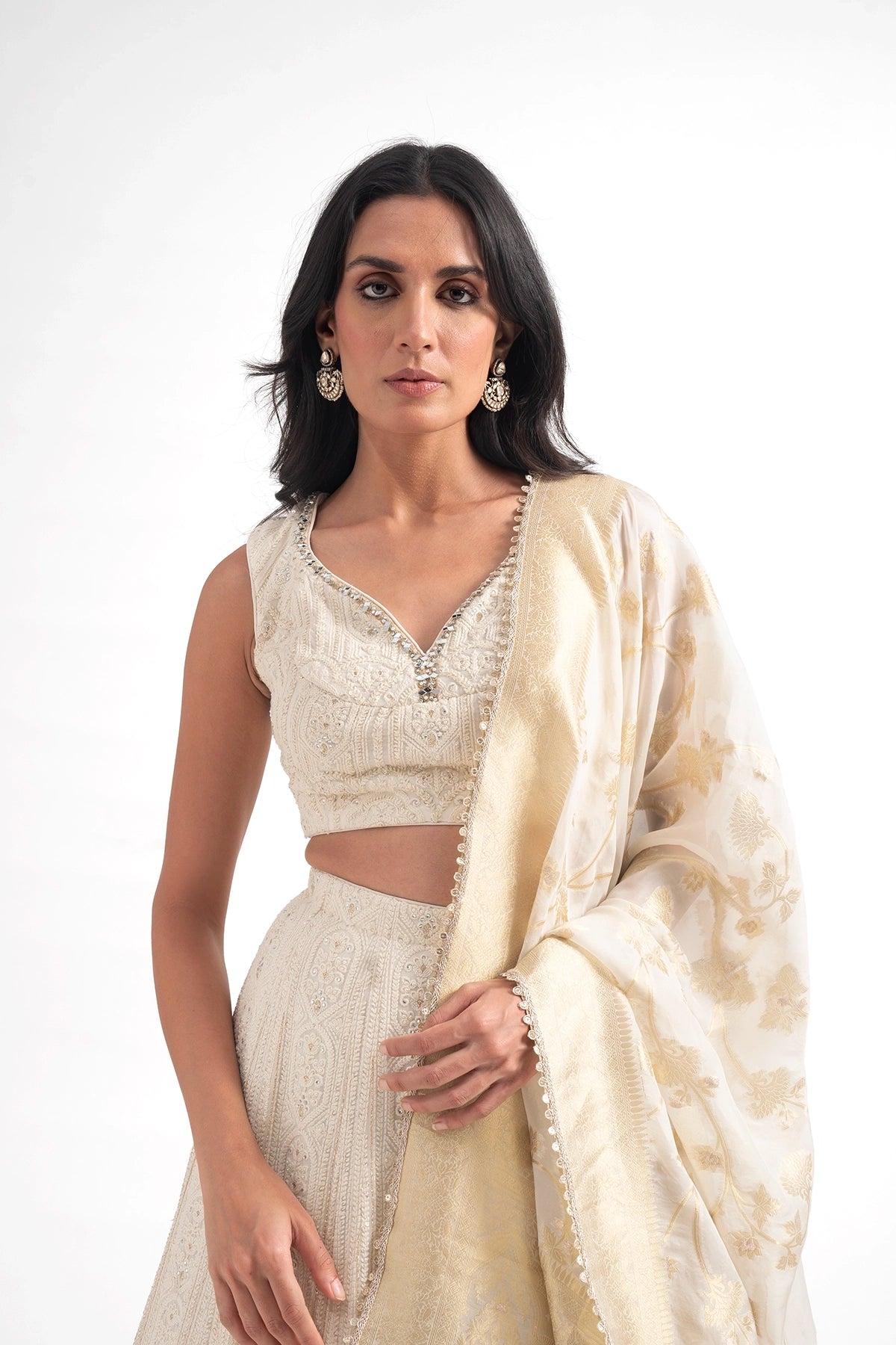 Ivory Luknowi Lehenga Set With A Tissue Banarasi Dupatta
