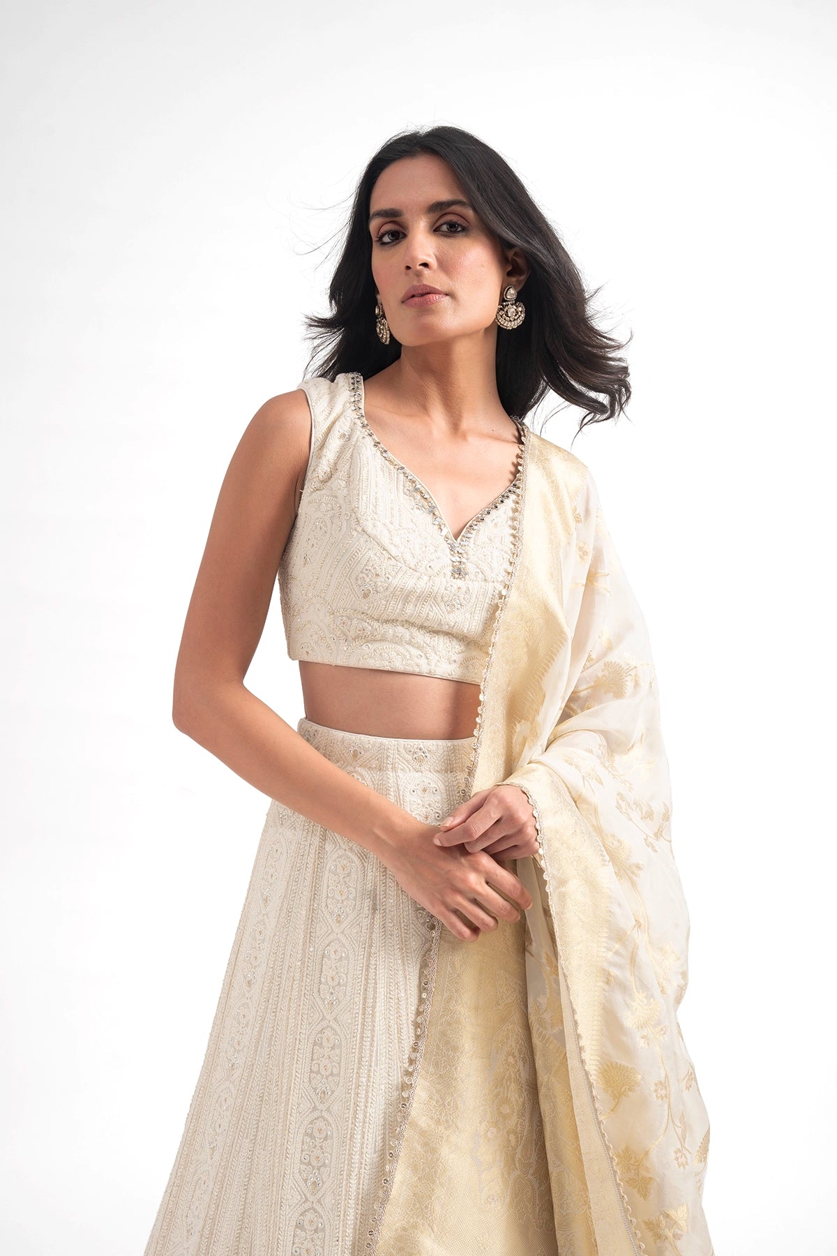 Ivory Luknowi Lehenga Set With A Tissue Banarasi Dupatta